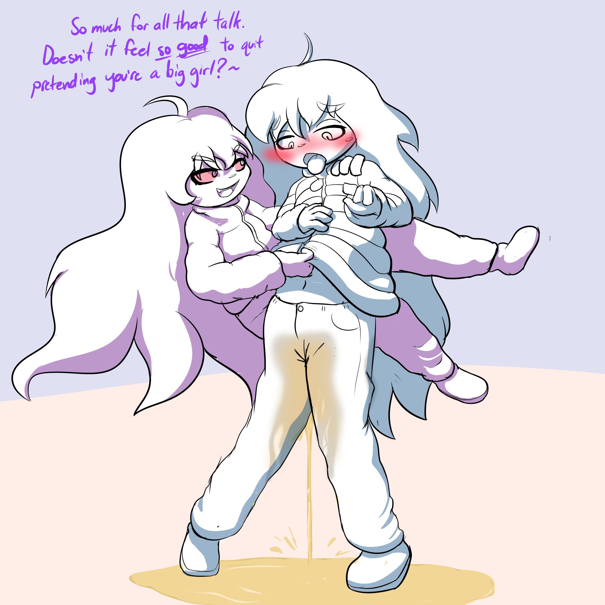 2girls, badeline, blush, celeste (game), dialogue, female, madeline (celeste), multiple females, multiple girls, panting, peeing, shirt lift, sinningsneasel, tongue, tongue out, trans woman, transfem, urine, urine pool, wetting, wetting clothing