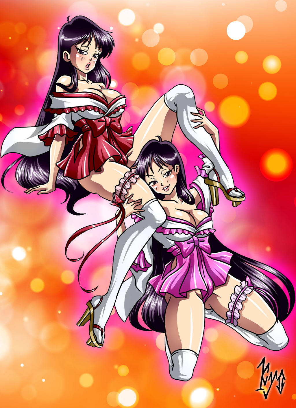 2girls ass_expansion bishoujo_senshi_sailor_moon breast_expansion breasts clothing dress female fully_clothed geta geta_high_heels hair_color_change high_heels identity_death kyo-domesticfucker large_breasts rei_hino revealing_clothes stockings thick_thighs thigh_expansion transformation twinning usagi_tsukino wide_hips