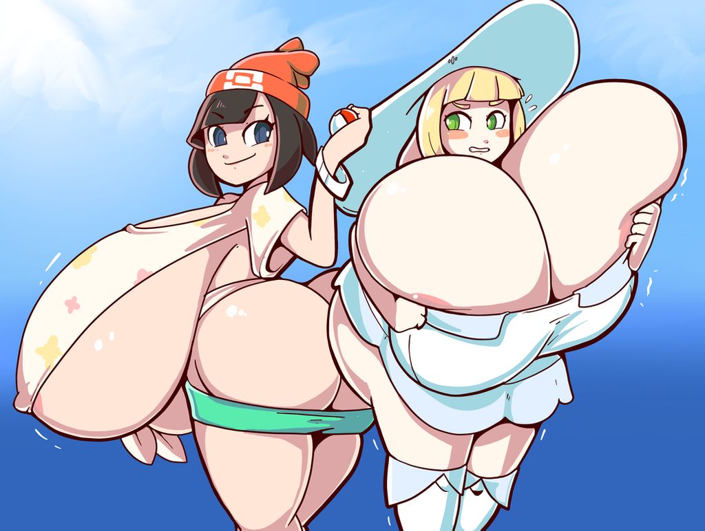 2girls ass barely_contained_breasts beanie big_ass black_hair blonde_hair blue_eyes breasts breasts_bigger_than_head breasts_bigger_than_torso clothed duo female female_only game_freak green_eyes holding_pokéball hyper_breasts lillie_(pokemon) looking_back multiple_girls nintendo pokeball pokemon pokemon_sm royaloppai selene_(pokemon) short_black_hair short_hair sun_hat underboob z-ring