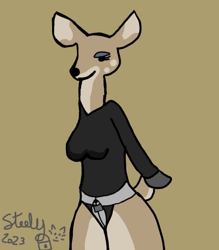 2023 anthro breasts brown_background chastity_belt chastity_device deer digital_media_(artwork) female female_chastity hooves lock mammal metal_chastity_belt padlock simple_background solo standing steelgatomon submissive submissive_anthro submissive_female