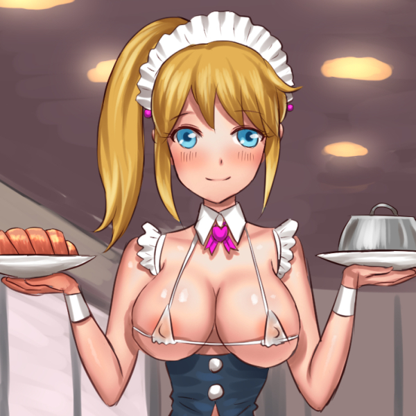 1girls :) aesthetic big_breasts blonde_hair blue_eyes blush bow breasts cleavage clothing erect_nipples erect_nipples_under_clothes eyebrows_visible_through_hair female female_only headband headdress kuroni light_blue_eyes looking_at_viewer maid_headdress maid_uniform original ponytail revealing_clothes skimpy_clothes