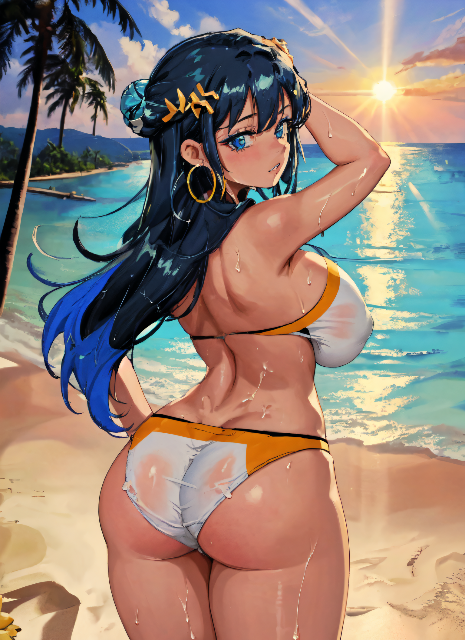 1girls, ai generated, ass, beach, big ass, big breasts, bikini, black hair, blue eyes, blue hair, breasts, dark skin, female, from behind, hi res, hoop earrings, large ass, large breasts, looking back, mabi ai, multicolored hair, nessa (pokemon), parted lips, pokemon, pokemon ss, swimsuit, wet