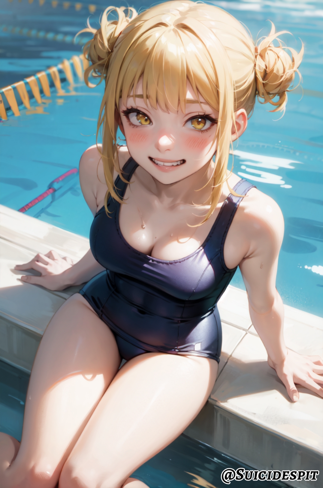 ai generated, blonde hair, blush, breasts, cleavage, covered navel, female, female only, grin, himiko toga, looking at viewer, medium breasts, my hero academia, one-piece swimsuit, solo female, suicidespit, swimsuit, thighs, yellow eyes