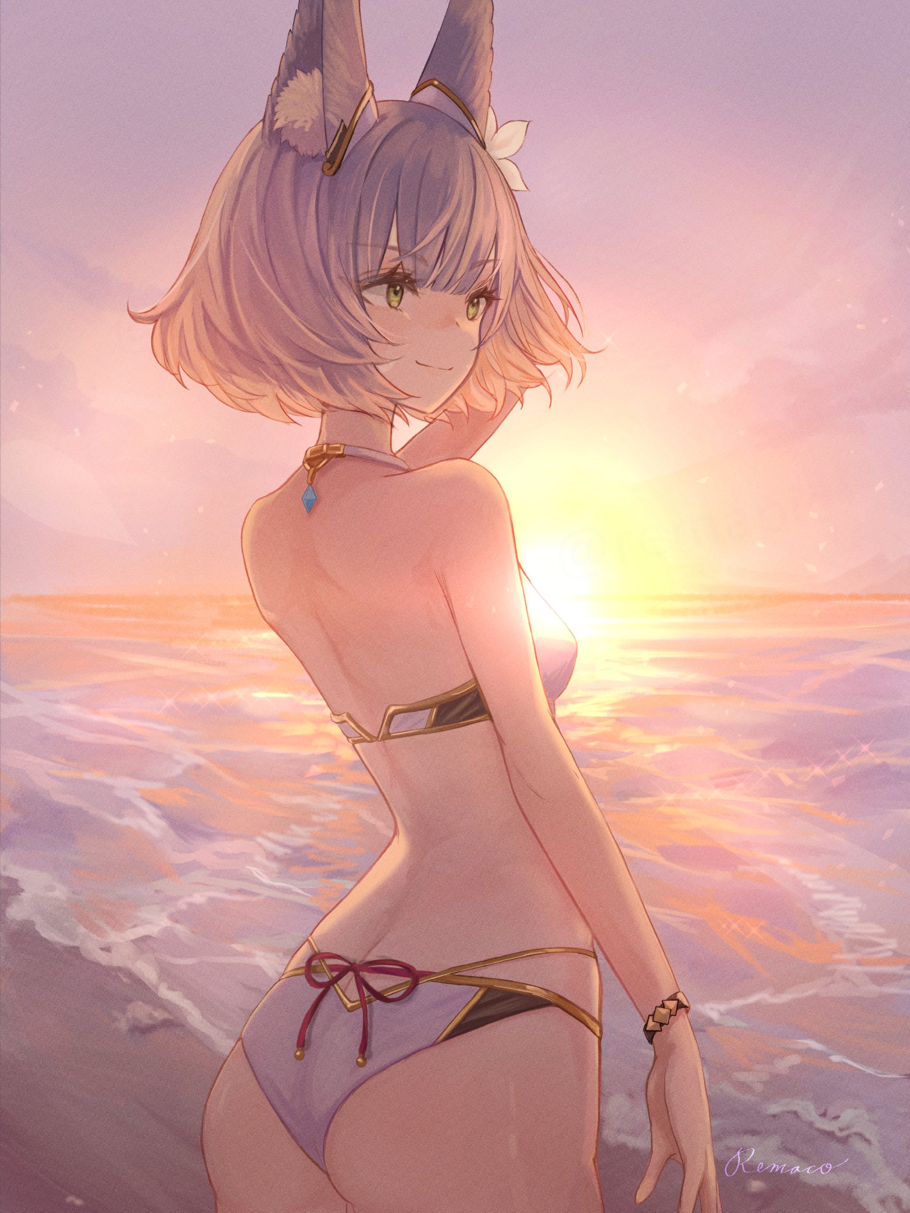 1girls, absurd res, alternate costume, ass, ass focus, bare shoulders, beach, breasts, bubble ass, bubble butt, cat ears, cat girl, catgirl, female, female only, highres, hourglass figure, large ass, monolith soft, nia, nia (xenoblade), nintendo, remaco, short hair, silver hair, small breasts, smile, smiling, swimsuit, thick thighs, thighs, white bikini, white swimsuit, xenoblade (series), xenoblade chronicles 3, yellow eyes