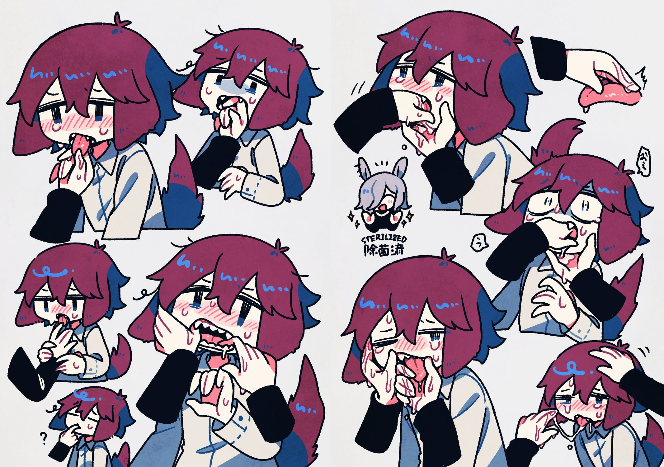  yaigi, ?, ambiguous gender, black eyes, blank background, blue eyes, blush, blush lines, blushing profusely, brown hair, drool, drool on face, drool string, drooling, fangs, finger in mouth, finger to mouth, grey background, hand in mouth, hand on face, hand on head, headpat, messy hair, mouth fetish, multiple images, oerba yun fang, plain background, shiny hair, tongue, tongue out, white background, wolf ears, wolf tail