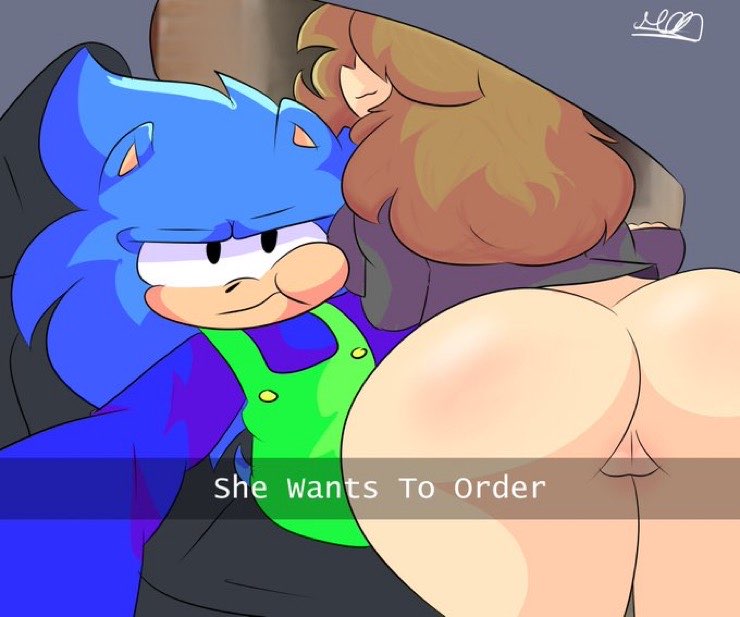 1boy 1girls ass_to_viewer bent_forward bent_over big_ass boob_pushed_against_cheek bottomless exhibitionism exhibitionist he_wants_to_order holding_phone inside_car jooigi_(playcustomdelivery) may_(moonlightdrawinguwu) meme moonlightdrawinguwu ordering_food over_lap public public_exposure public_nudity she_wants_to_order text