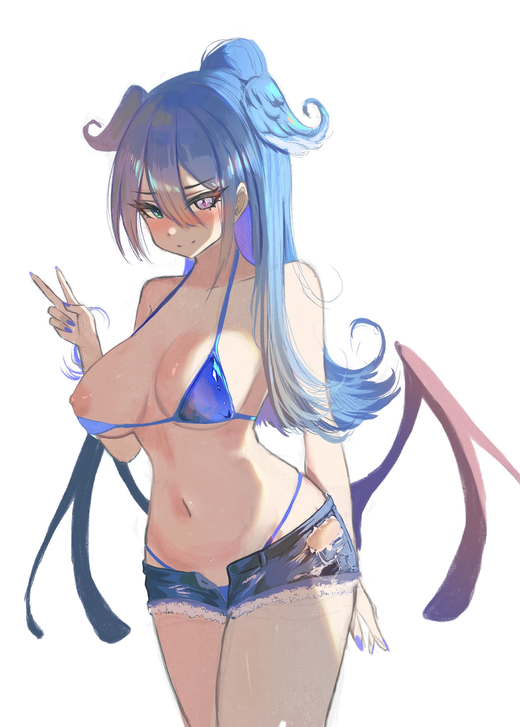 areola, bikini, bikini top, blue eyebrows, blue fingernails, blue hair, blue nail polish, blue nails, blue-haired female, breasts, dabi (s7nsles), denim shorts, dragon girl, elira pendora, female, fingernails, head wings, heterochromia, large breasts, nail polish, nails, navel, nijisanji, nijisanji en, nipple slip, nipples, one breast out, painted nails, peace sign, ponytail, ripped clothing, s7nsles, short shorts, torn clothes, unbuttoned, unbuttoned shorts, virtual youtuber, wings