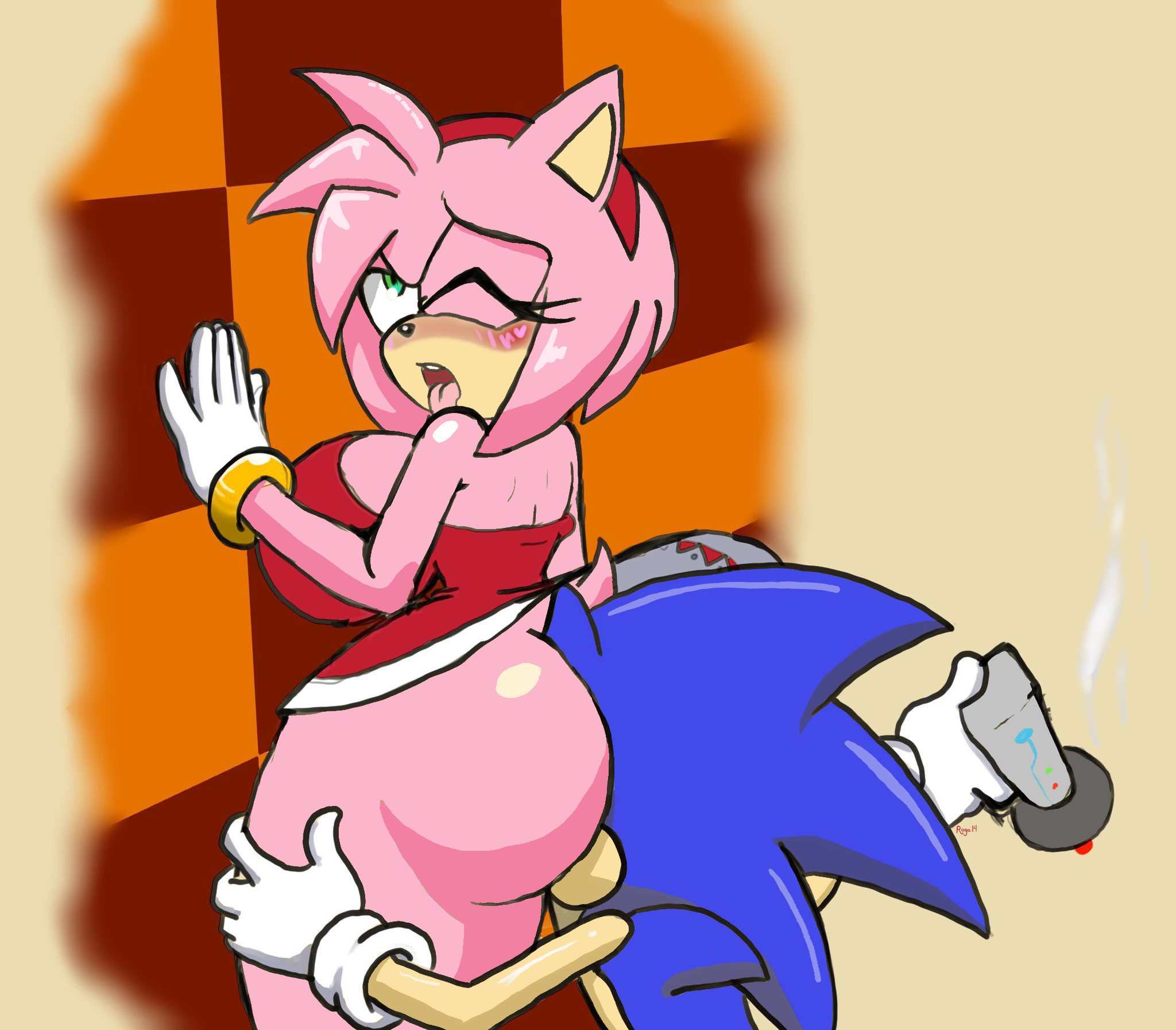 1boy, 1girls, against wall, ahe gao, amy rose, anthro, ass, ass expansion, ass worship, blush, bottomless, breasts, color, edit, eulipotyphlan, face in ass, female, green eyes, huge ass, large breasts, male, pink hair, roga14, sega, sonic (series), sonic the hedgehog, thick thighs, wide hips