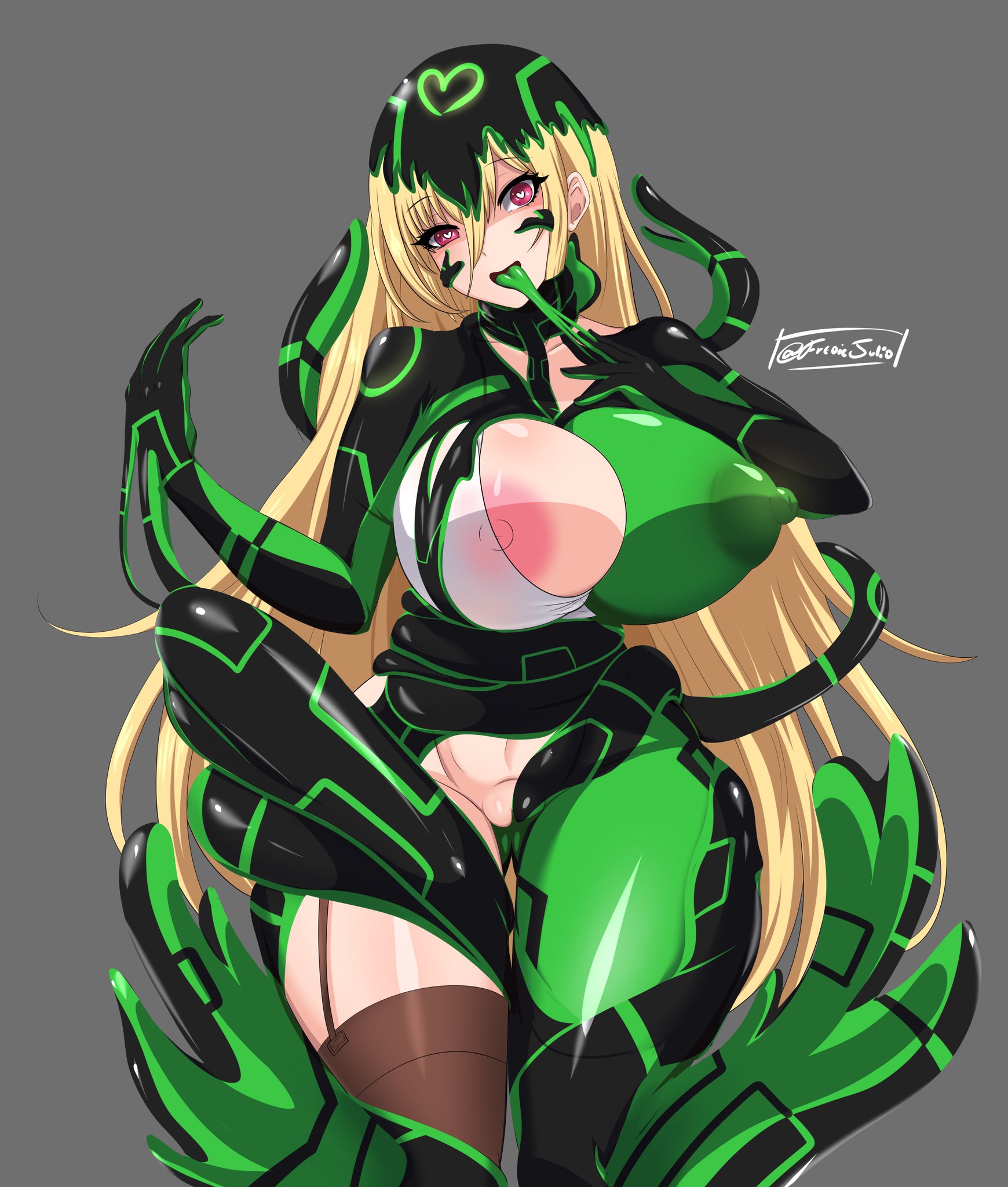 absorption, alien, ben 10, ben 10 omniverse, blonde hair, breasts, cameltoe, exposed breasts, female, female only, fredicjulio, galvanic mechamorph, heart-shaped pupils, large breasts, long hair, nipples, original, original character, pussy, symbiote, thick thighs