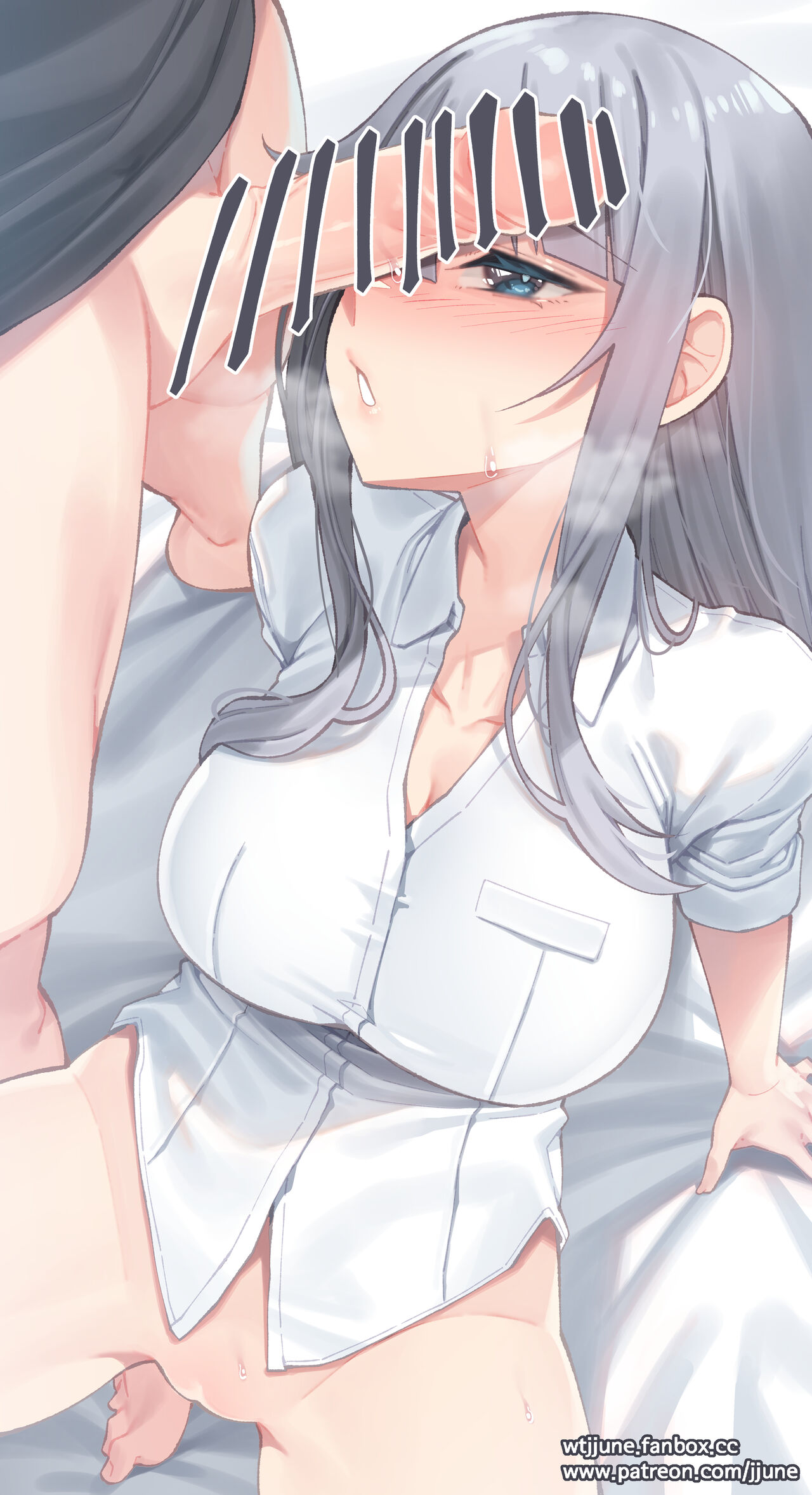 1boy, 1girls, bangs, big breasts, blue eyes, blue hair, blush, breasts, censored, cleavage, commentary request, feet, female, hi res, imminent oral, jjune, large breasts, large penis, legs, legs apart, light skin, light-skinned female, light-skinned male, male, no panties, open mouth, original, penis, penis on face, sheet grab, sheets, shirt, squatting, steam, sweat, sweating, tagme