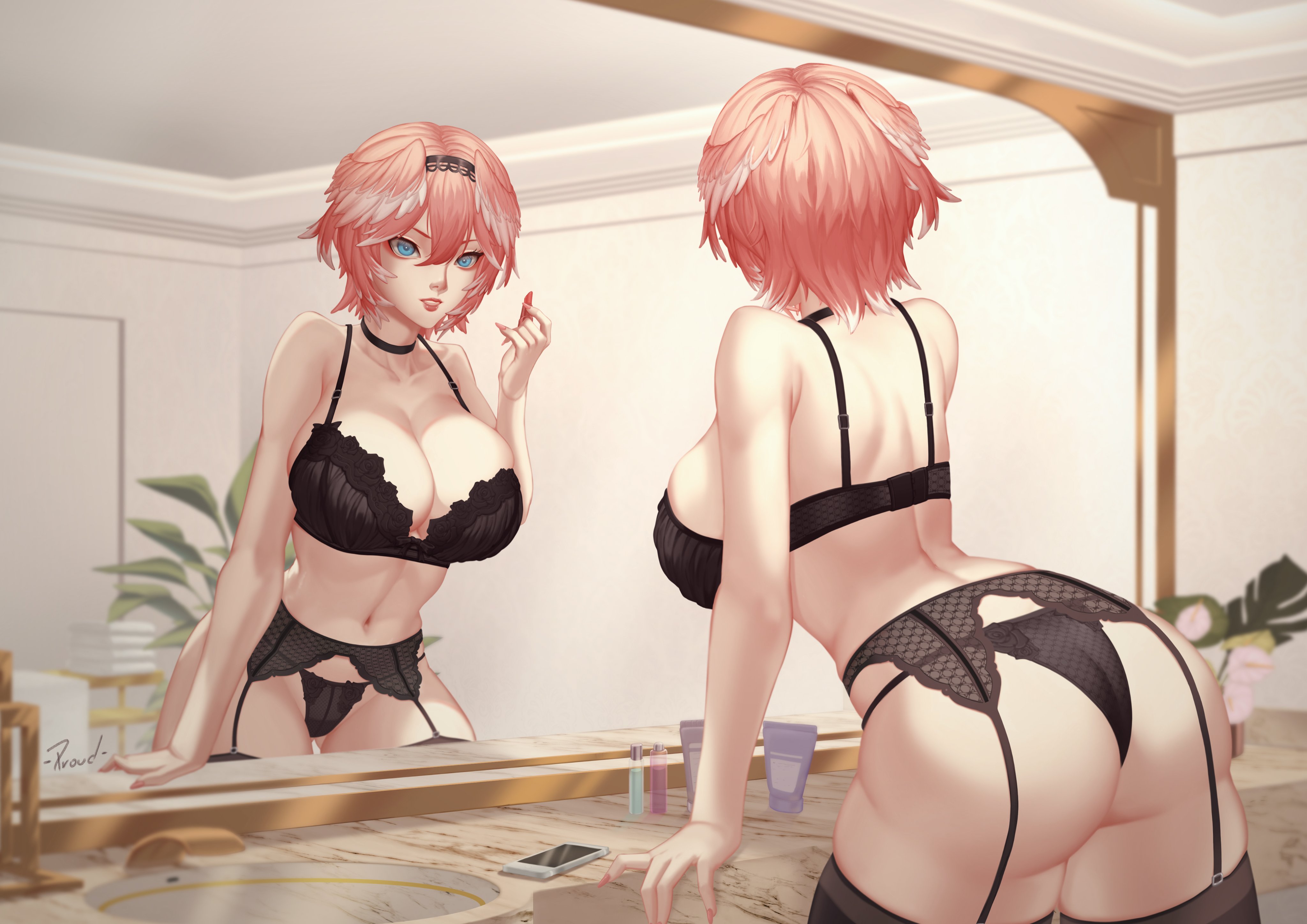 1girls, ass, ass focus, blue eyes, female, female only, hololive, hololive japan, holox, lingerie, mirror, oakproud, pink hair, takane lui, virtual youtuber
