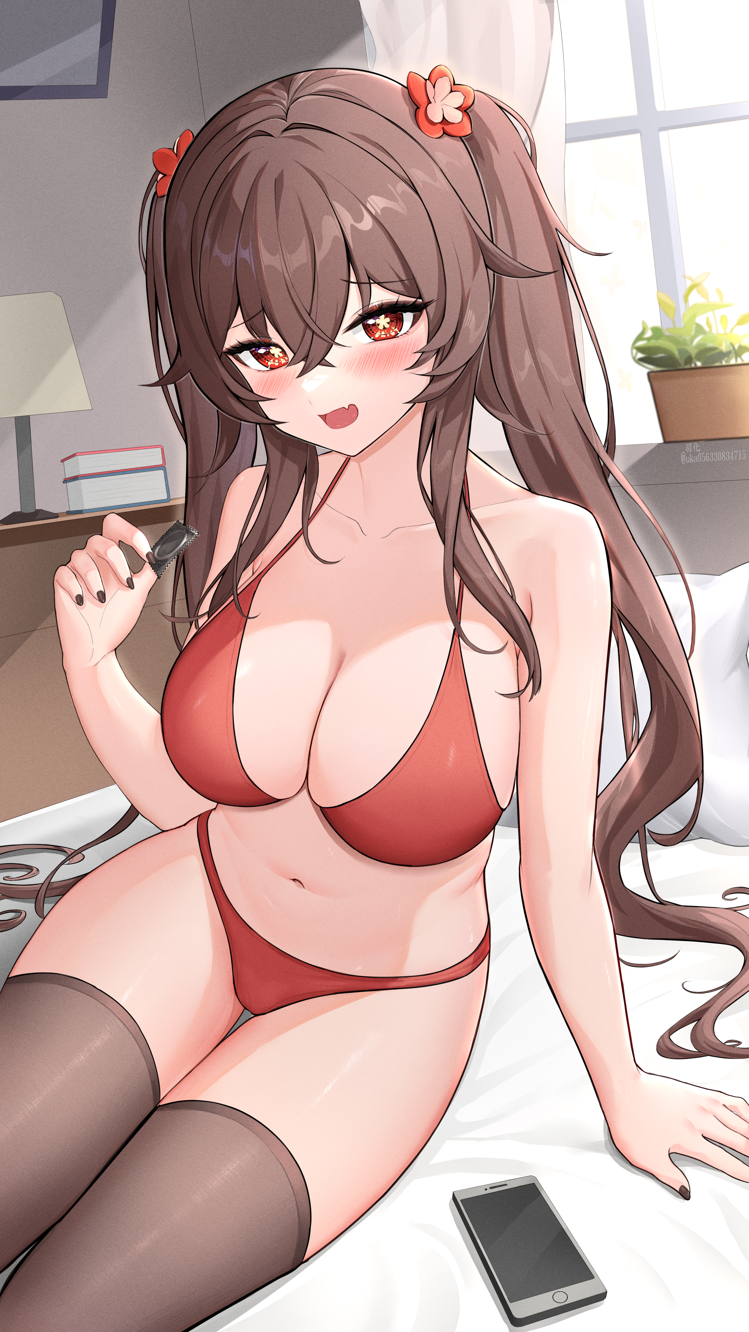 1girls, big breasts, big thighs, bikini, black nails, blush, breasts, cleavage, female, genshin impact, hu tao (genshin impact), navel, red bikini, swimsuit, thick thighs, thighs, twintails, uncensored, voluptuous, yuhua