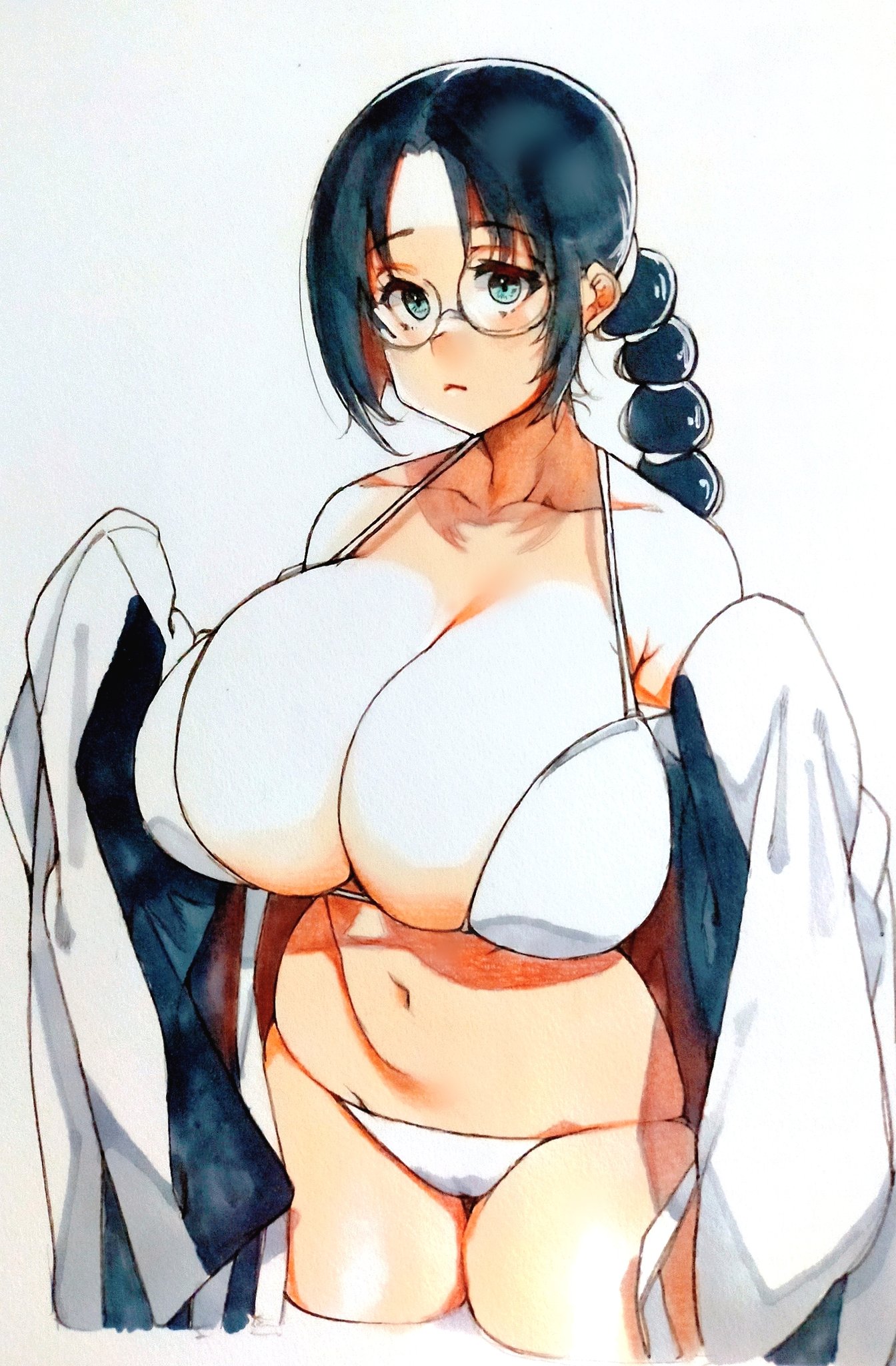 1girls, bikini, black hair, black kimono, bleach, bleach: the thousand-year blood war, braid, braided ponytail, breasts, cleavage, female, glasses, highres, huge breasts, japanese clothes, katori batsu'unsai, kimono, long hair, looking at viewer, megane, rimless eyewear, round eyewear, sabusupi, standing, subspiweek, swimsuit, undressing, voluptuous