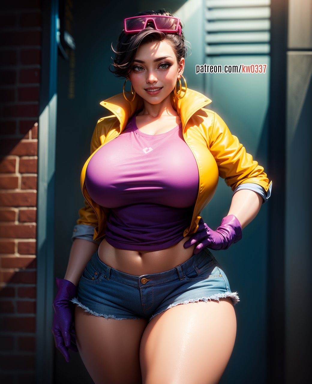 ai_generated big_breasts big_thighs breasts busty daisy_dukes dark_hair female_focus female_only hoop_earrings huge_breasts jean_shorts jubilee kw0337 marvel marvel_comics short_hair solo solo_female solo_focus sunglasses_on_head superheroine thick_thighs thighs x-men