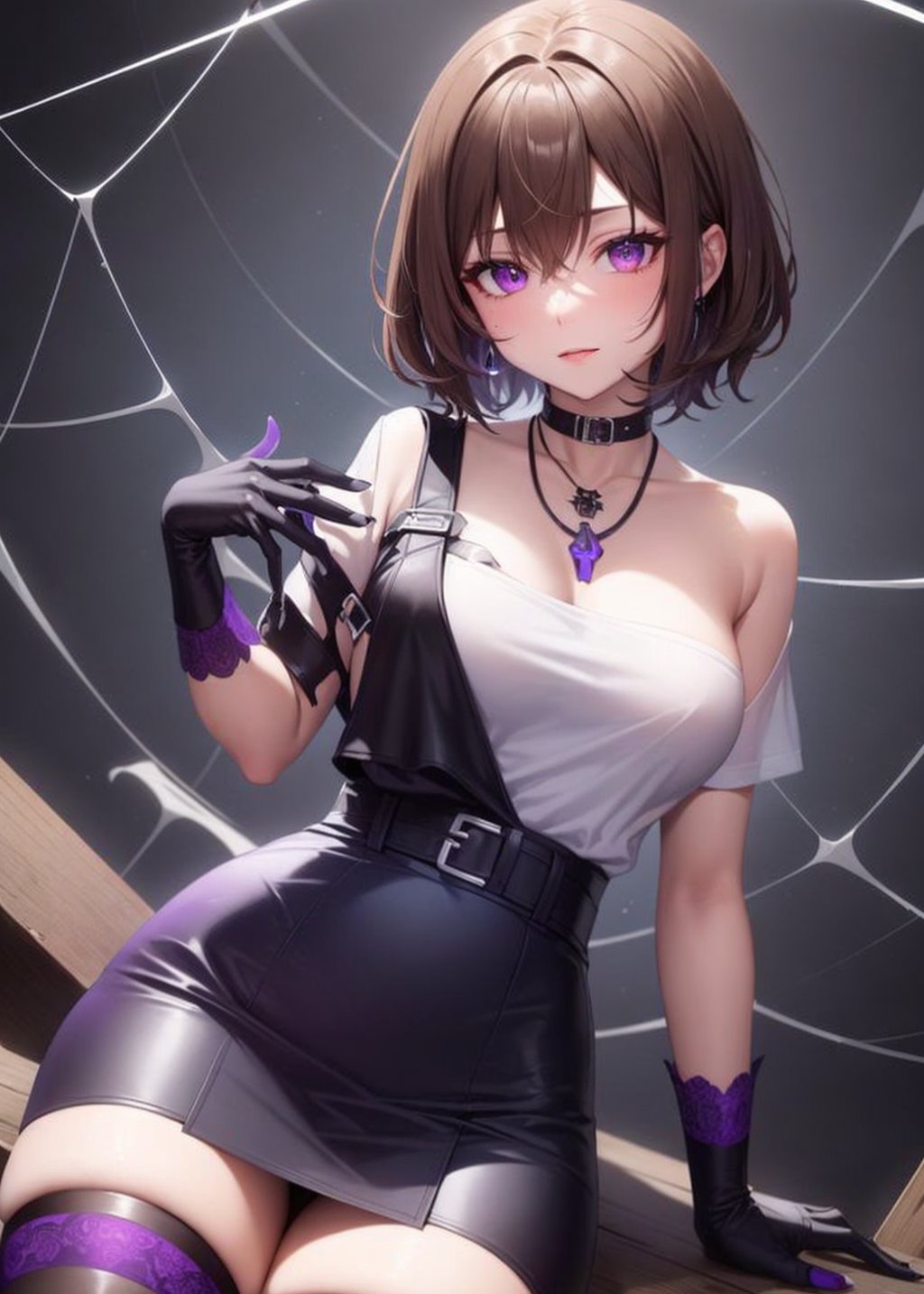 1girls ai_generated brown_hair clothed_female cosplay emikukis medium_breasts miniskirt owozu starvtuber thick_thighs virtual_youtuber vtuber webs youtube youtube_hispanic