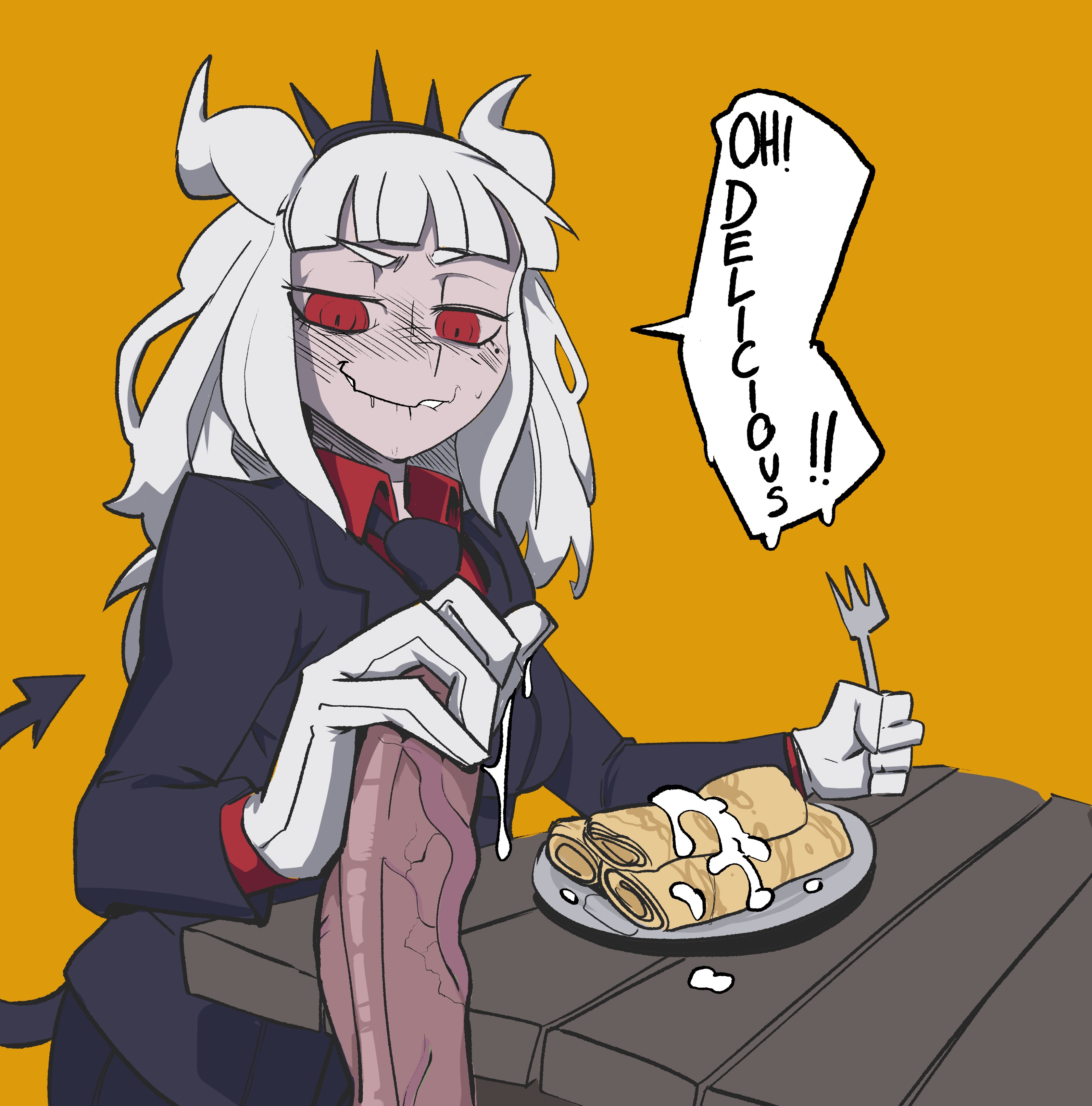 1boy, 1girls, 2d, anticipation, beauty mark, big penis, biting lip, blush, clothed female, cock, color, cum, cum on food, cumshot, demon, demon girl, dialogue, drooling, female, food, food play, gloves, handjob, helltaker, horn, horns, horny, light skin, light-skinned female, lucifer (helltaker), male, pancake, penis, queen, red eyes, smile, smug, suit, sweat, tail, tbdlewds, veiny penis, white hair
