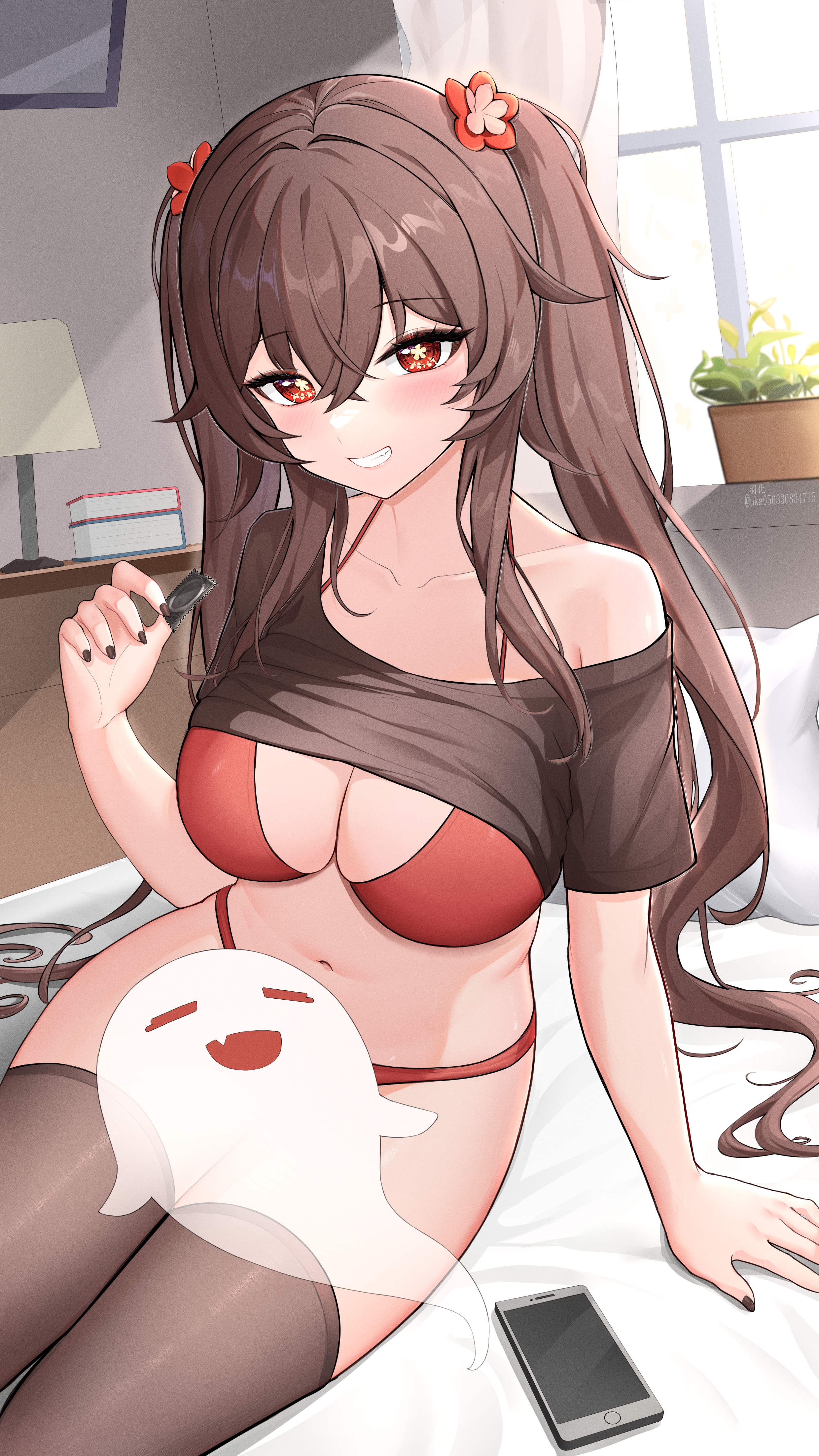 1girls, big breasts, big thighs, bikini, black nails, blush, breasts, cleavage, female, genshin impact, hu tao (genshin impact), navel, red bikini, swimsuit, thick thighs, thighs, twintails, uncensored, voluptuous, yuhua