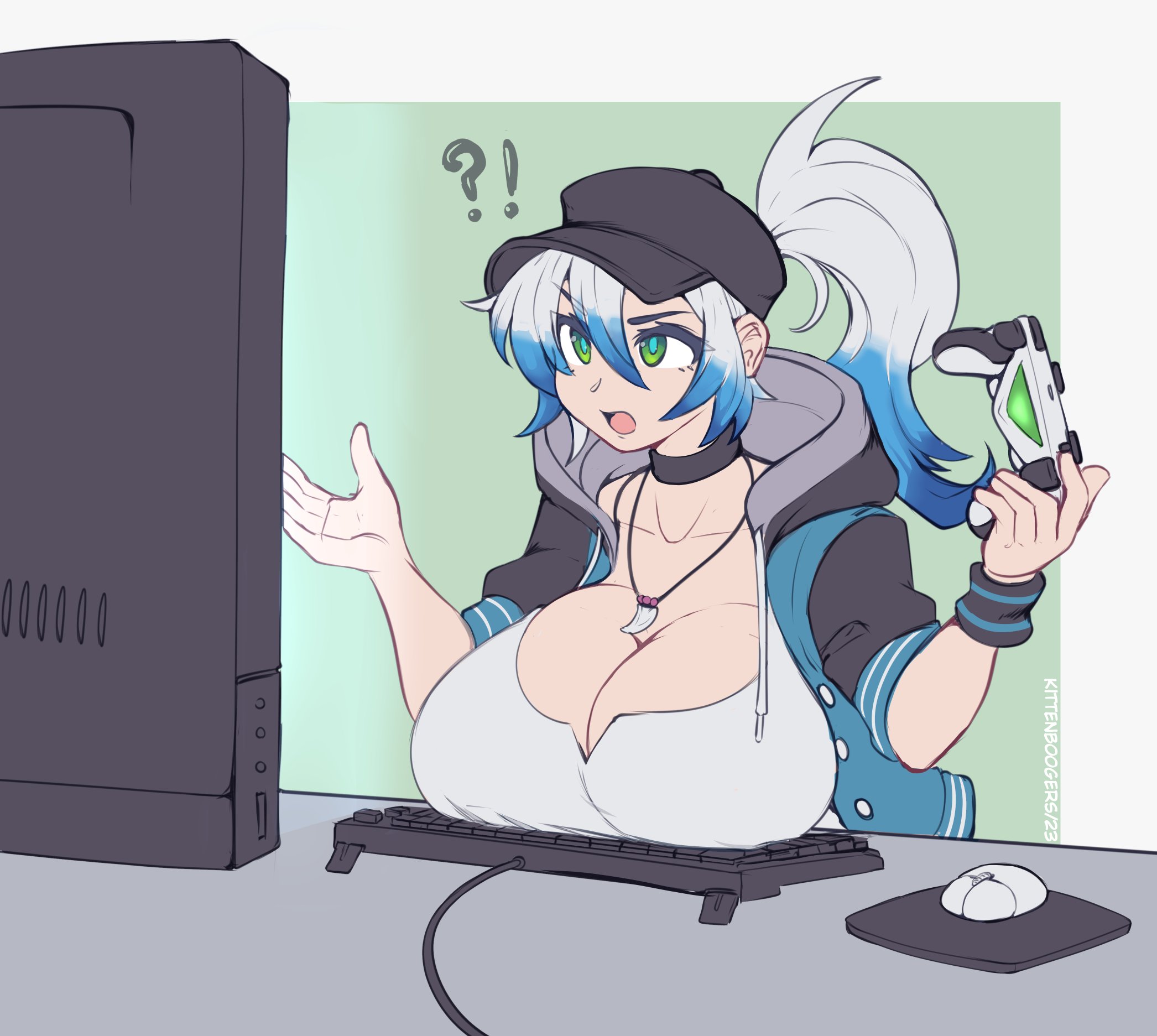 ?!, 1girls, big breasts, breasts, breasts bigger than head, breasts on table, clothed, clothing, female, female only, hat, huge breasts, keyboard, kittenboogers, light skin, light-skinned female, multicolored hair, solo