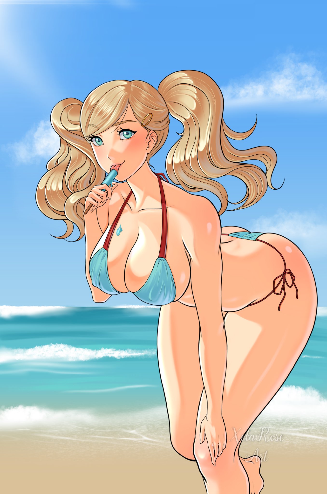 2023, ann takamaki, artist name, atlus, beach, bent over, bikini, blonde hair, blue eyes, blush, breasts, female, female only, hair clip, holding popsicle, megami tensei, persona, persona 5, ponytails, popsicle, popsicle on breast, side ponytail, solo, thick thighs, xelaroseart