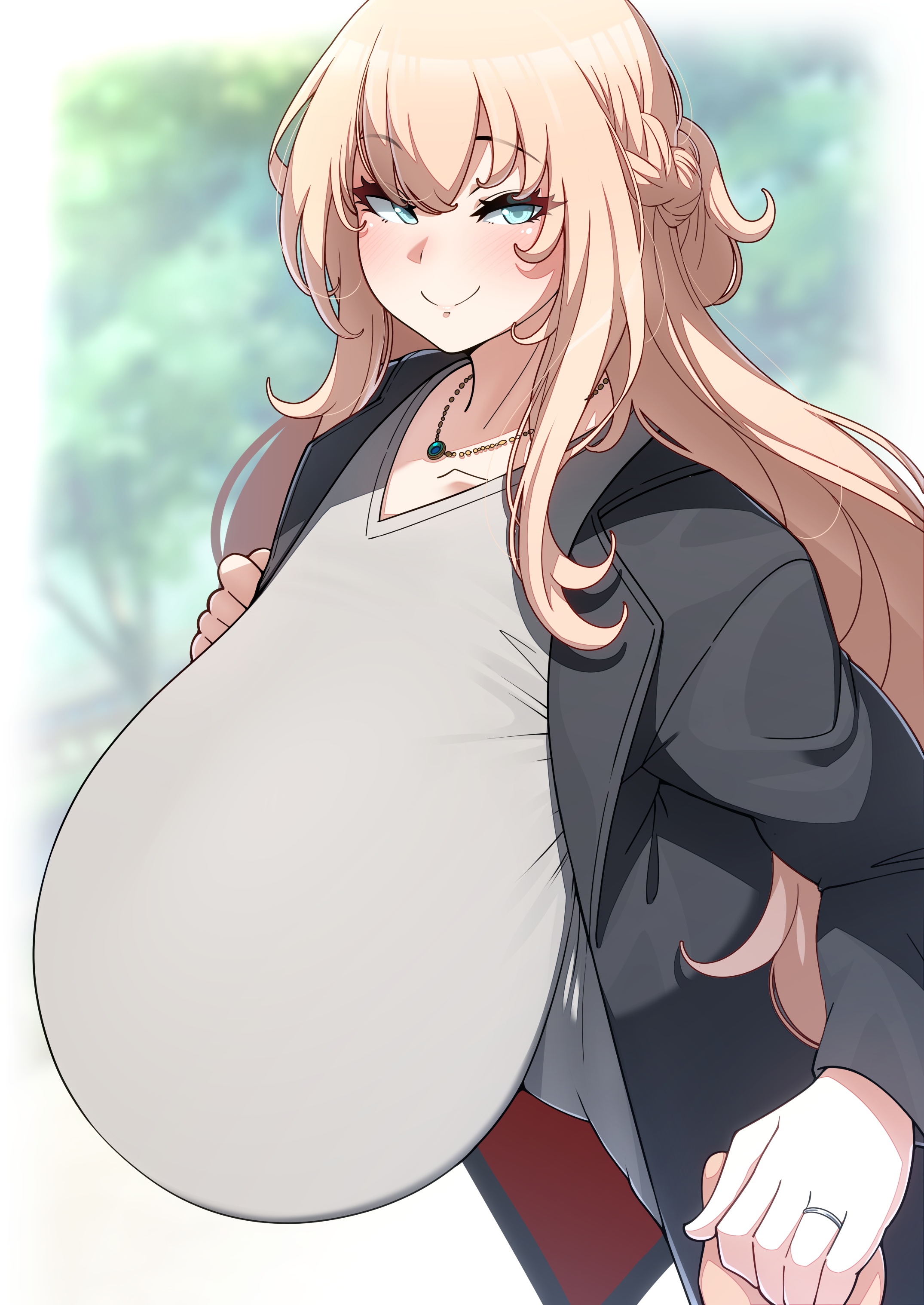 1girls, absurdres, blonde hair, blue eyes, blush, braid, breasts, closed mouth, collarbone, female, female focus, female only, french braid, gigantic breasts, hanging breasts, highres, holding hands, jacket, jewelry, konoshige (ryuun), light skin, light-skinned female, long hair, looking at viewer, necklace, original, princess girlfriend (konoshige), ring, ryuun (stiil), shirt, smile, solo, upper body, wedding band