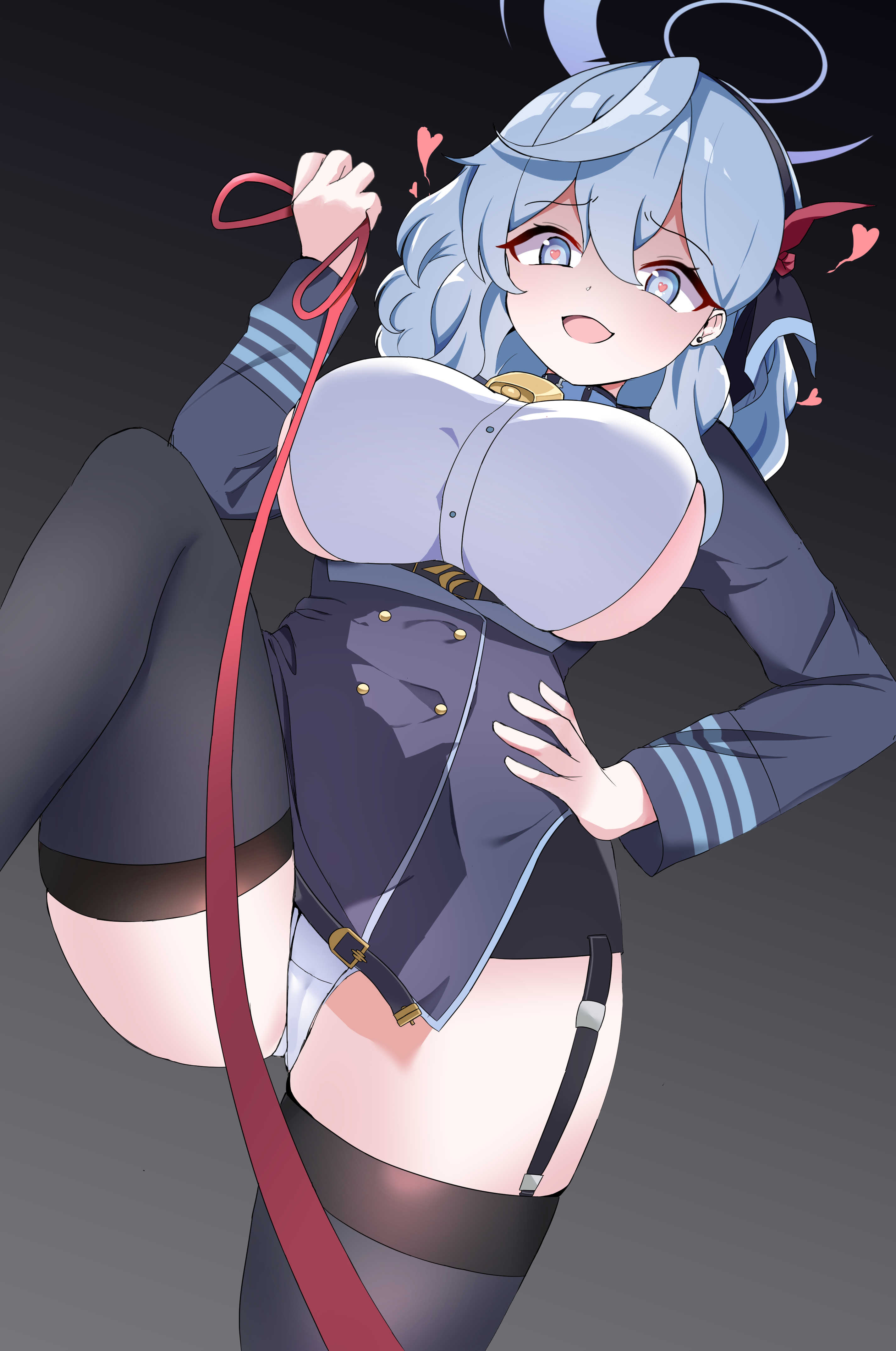 1girls, ako (blue archive), black background, blue archive, blue eyes, blue hair, breasts, cowbell, female, femdom, garter straps, gehenna academy logo (blue archive), gehenna academy student, heart-shaped pupils, huge breasts, leash, leash pull, leashed pov, looking at viewer, moongzzi, open mouth, panties, pov, prefect team (blue archive), sideboob, submissive pov, thighhighs
