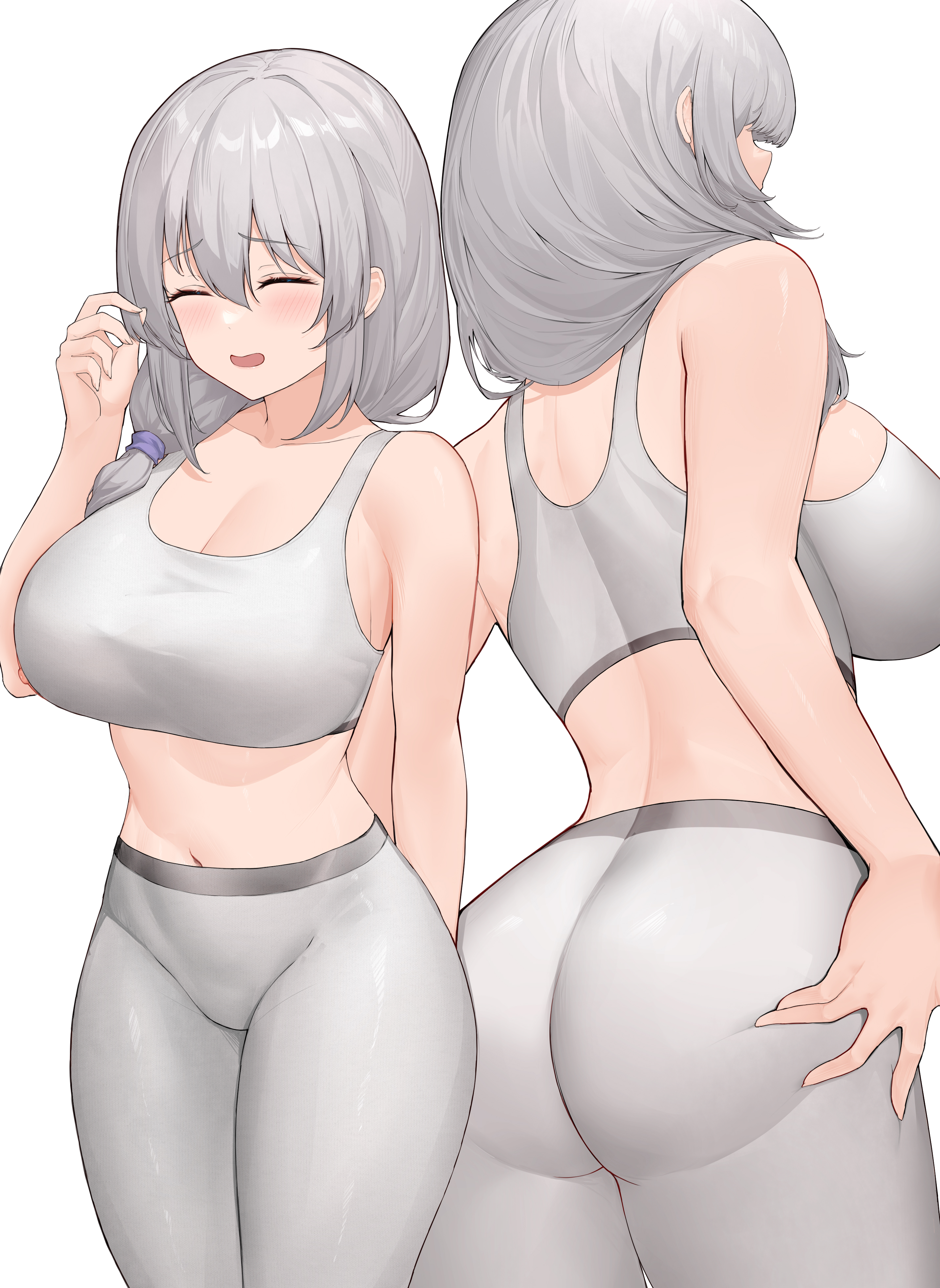 1girls, ass, big ass, big breasts, big thighs, blush, breasts, busty, cleavage, closed eyes, female, female only, huge ass, huge breasts, huge thighs, large ass, large breasts, large thighs, mature female, milf, navel, silver hair, solo, solo female, sports bra, thick thighs, thighs, uzaki tsuki, uzaki-chan wa asobitai!, voluptuous, white background, yoga pants, yuhua