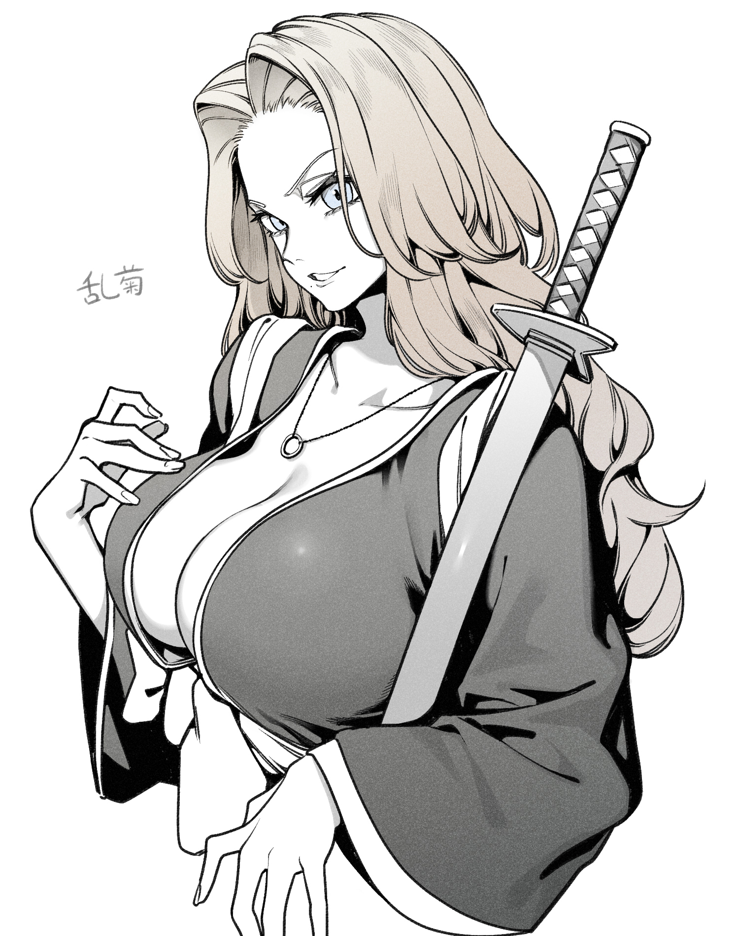 1girls, big breasts, black and white, bleach, blue eyes, breasts, busty, female, female only, highres, huge breasts, katana, kimono, kushizaki, large breasts, long hair, looking at viewer, matsumoto rangiku, mole, mole under mouth, necklace, no bra, orange hair, robe, shinigami, smile, solo, sword, top heavy, uniform, upper body, wafuku, weapon