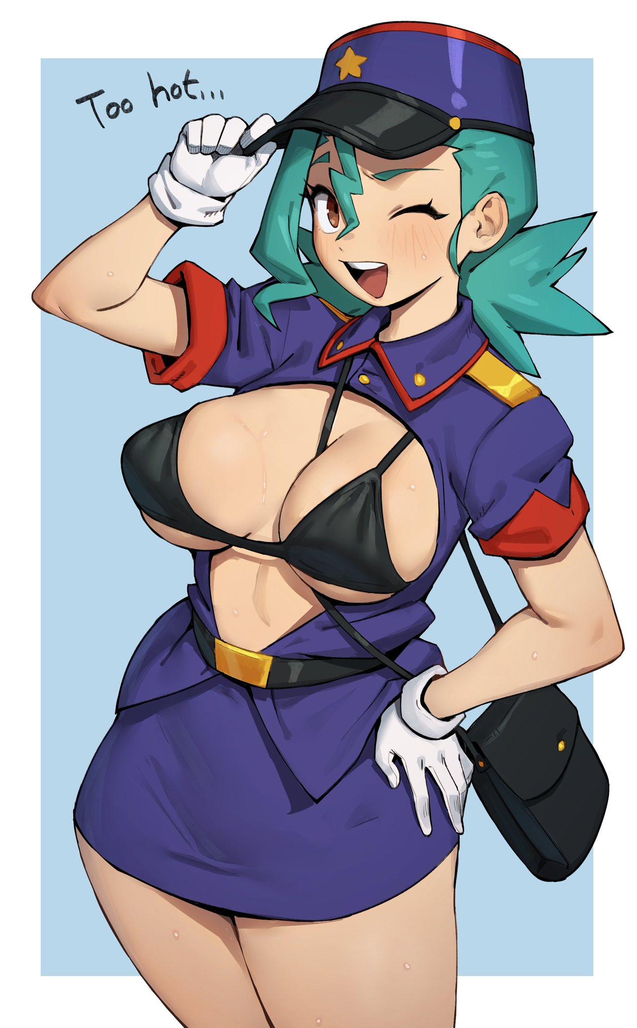 1girls, bag, big breasts, bra, female, flowerpigeon73, gloves, green hair, hat, officer jenny (pokemon), one eye closed, pokemon, police uniform, smile