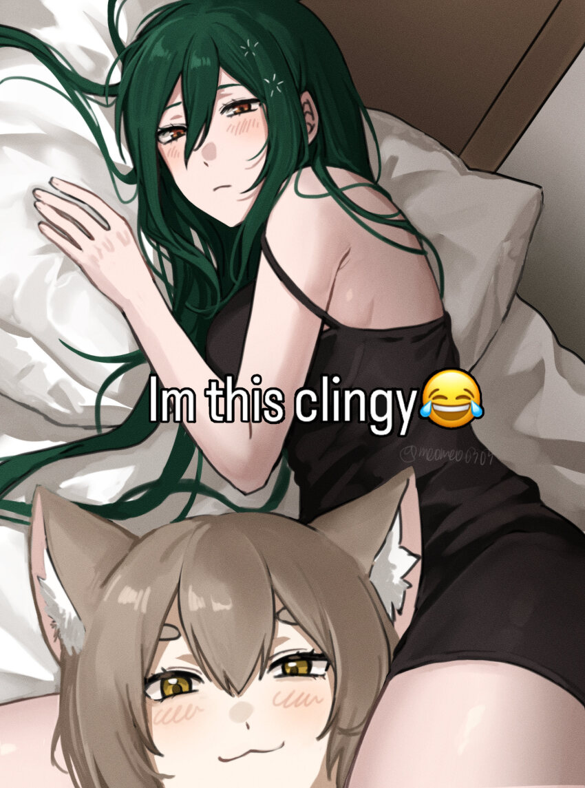 1boy, 1girls, absurdres, animal ear fluff, artist name, bed, black nightgown, brown hair, cat boy, commentary, crusch karsten, english commentary, english text, felix argyle, green hair, head between thighs, highres, im this clingy (meme), light frown, long hair, looking at viewer, lying, meme, meomeo0303, messy hair, nightgown, on side, photo-referenced, pillow, re:zero kara hajimeru isekai seikatsu, short hair, twitter username