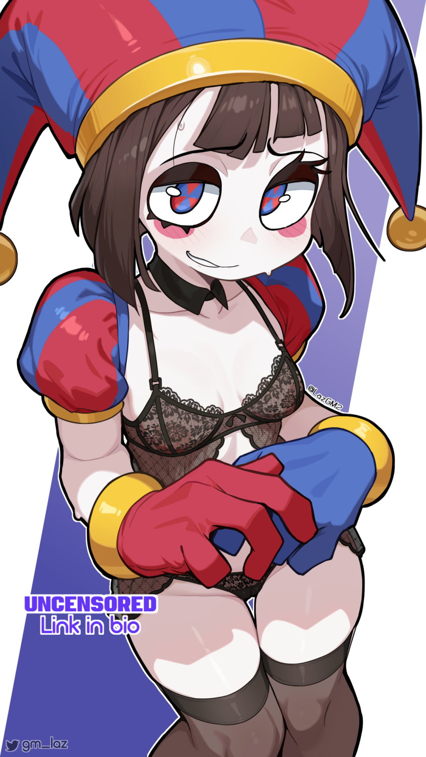 1girl, 1girls, laz gm, o, pomni, pomni (the amazing digital circus), solo, split-color clothes, striped clothes, striped headwear, the amazing digital circus, thigh gap, thighhighs, underwear, vertical-striped clothes, vertical-striped headwear, white body, white skin