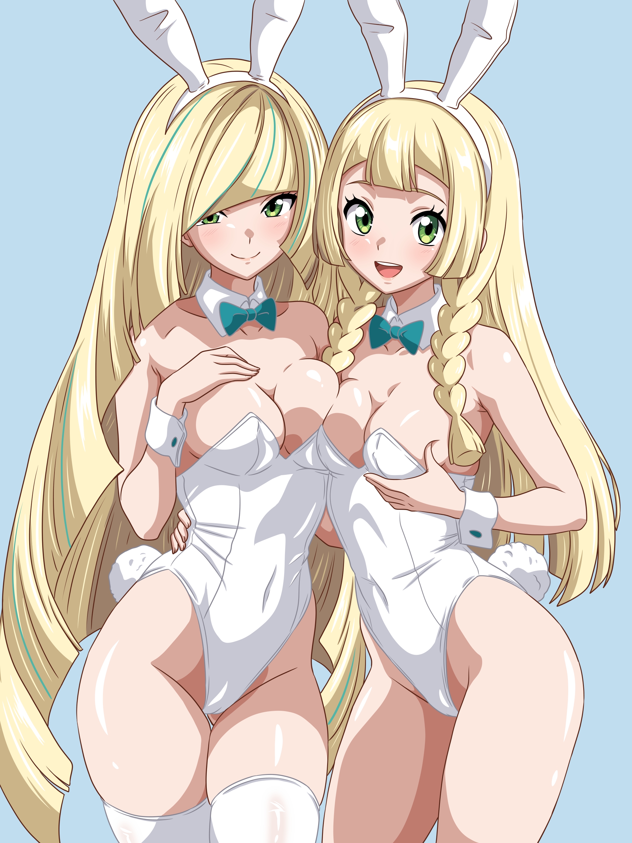beatiful girl, blonde female, blonde hair, breast press, bunny ears, bunny girl, bunny tail, bunnysuit, green eyes, lillie (pokemon), lusamine (pokemon), mother and daughter, pokemon, pokemon sm, sesshoalex, smile, yuri