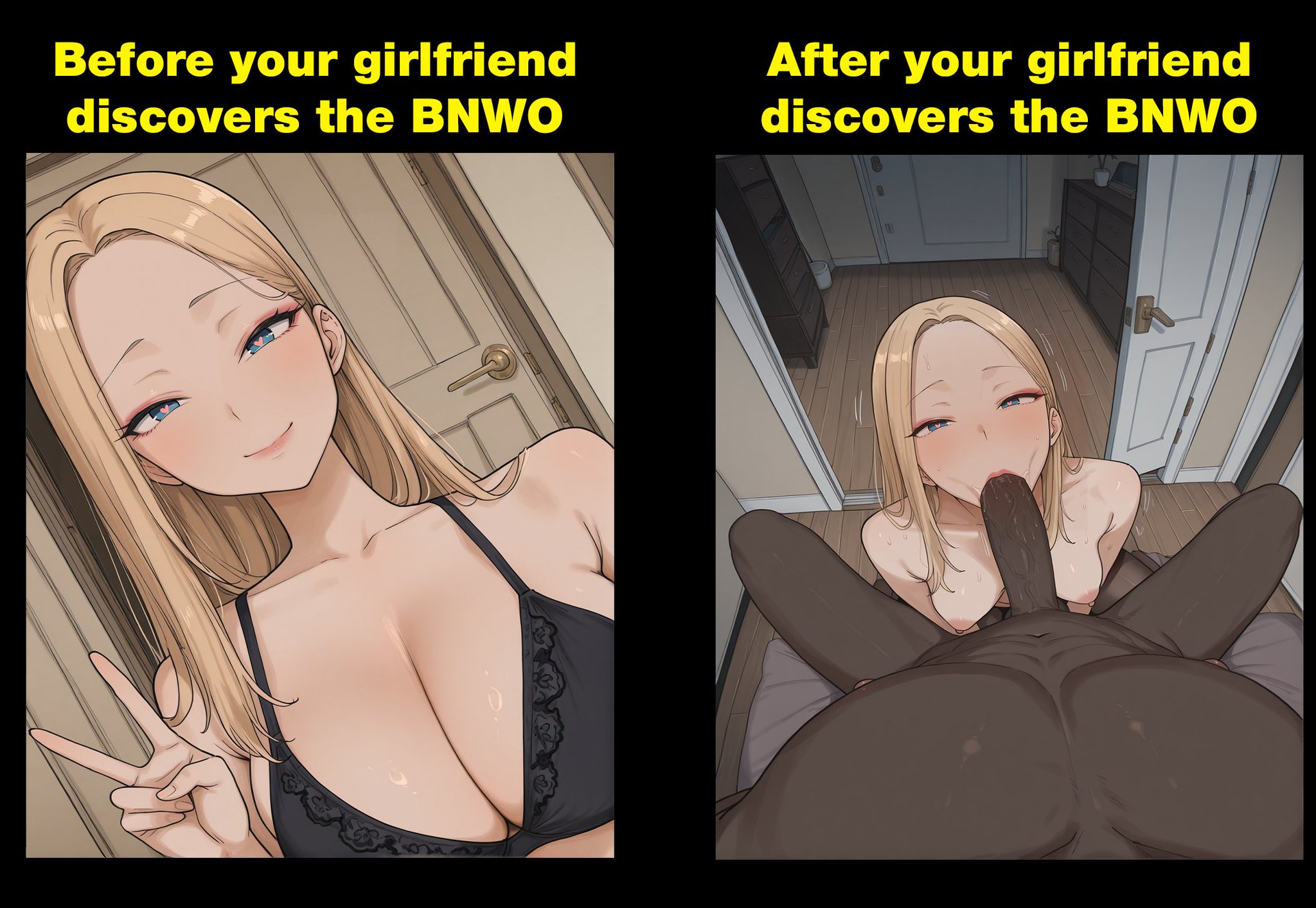1boy, 1girl, ai generated, big penis, blacked, blonde hair, bull pov, cheating, cuckold, dark skin, dark-skinned male, english text, fellatio, female, interracial, male, raceplay, sbwaifus, text