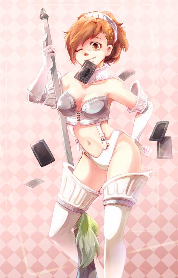 armor, armpits, atlus, battle panties, bikini armor, brown eyes, brown hair, card, cleavage, el (mushboom), female, female protagonist (persona 3), high-cut armor (persona), hips, kotone shiomi, light skin, light-skinned female, mouth hold, one eye closed, pale skin, pale-skinned female, persona, persona 3, persona 3 portable, polearm, skimpy, smile, solo, spear, thigh boots, thighhighs, unconvincing armor, weapon, wink