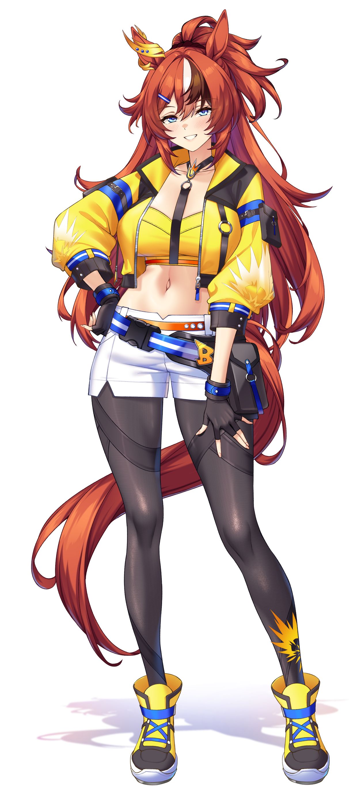1girl bandeau black_gloves black_hair black_pantyhose blush brown_hair bubble_gum_fellow_(umamasume) crop_top cropped_jacket fingerless_gloves full_body hand_on_hip horse_ears horse_girl horse_tail large_breasts long_hair looking_at_viewer midriff multicolored_hair navel open_clothes open_jacket pantyhose_under_shorts puffy_sleeves purple_eyes shirokuma_a shoes smile solo standing stomach umamusume umamusume_pretty_derby white_hair white_shorts yellow_bandeau yellow_jacket
