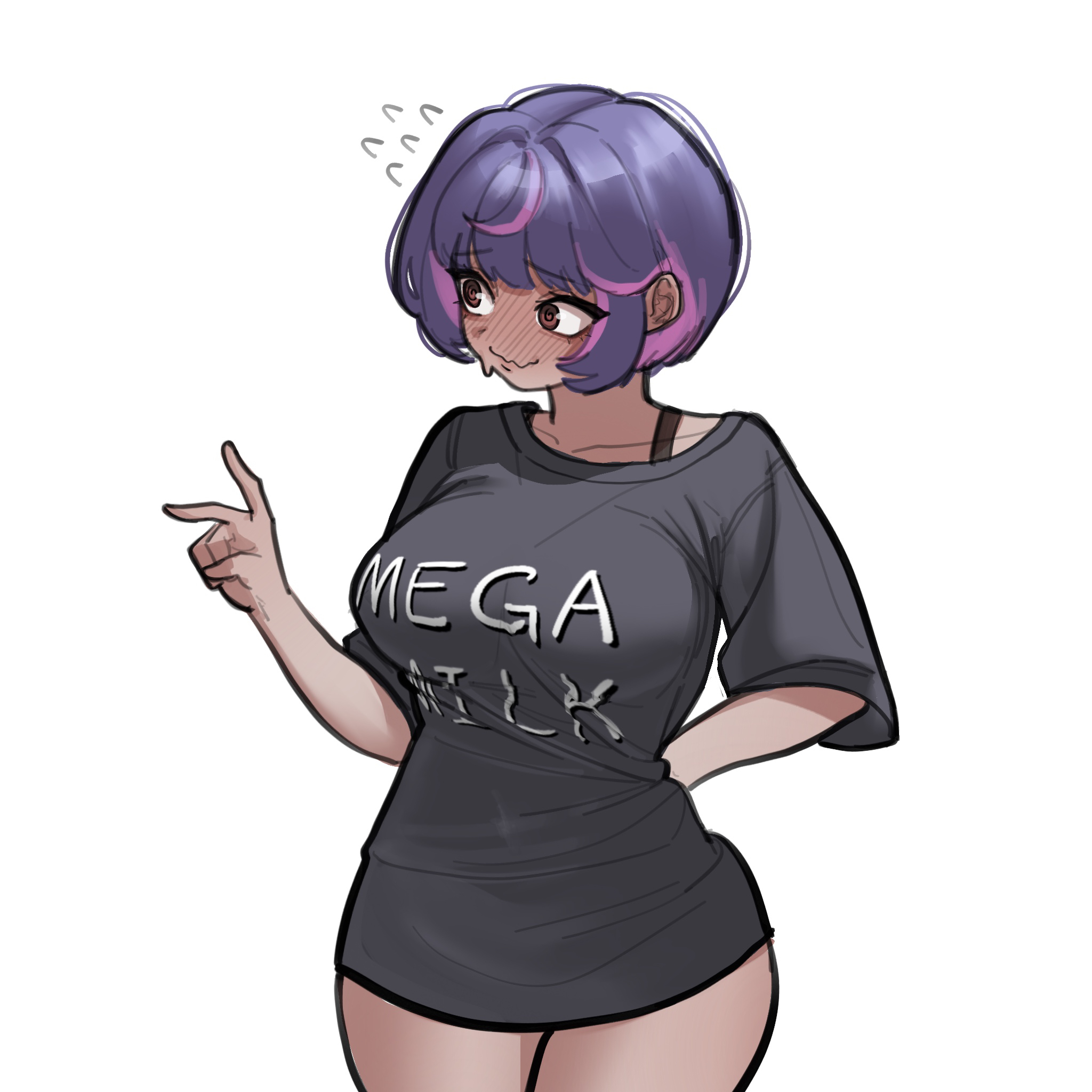 1girls, 2d, blush, female, female focus, female only, full-face blush, gosegyun, juno (overwatch), light skin, light-skinned female, looking away, loose clothes, mega milk, nervous, nervous smile, overwatch, purple hair, shirt tighten meme, short hair, shy, simple background, solo, t-shirt/pajamas challenge, v, v sign, white background, wide hips