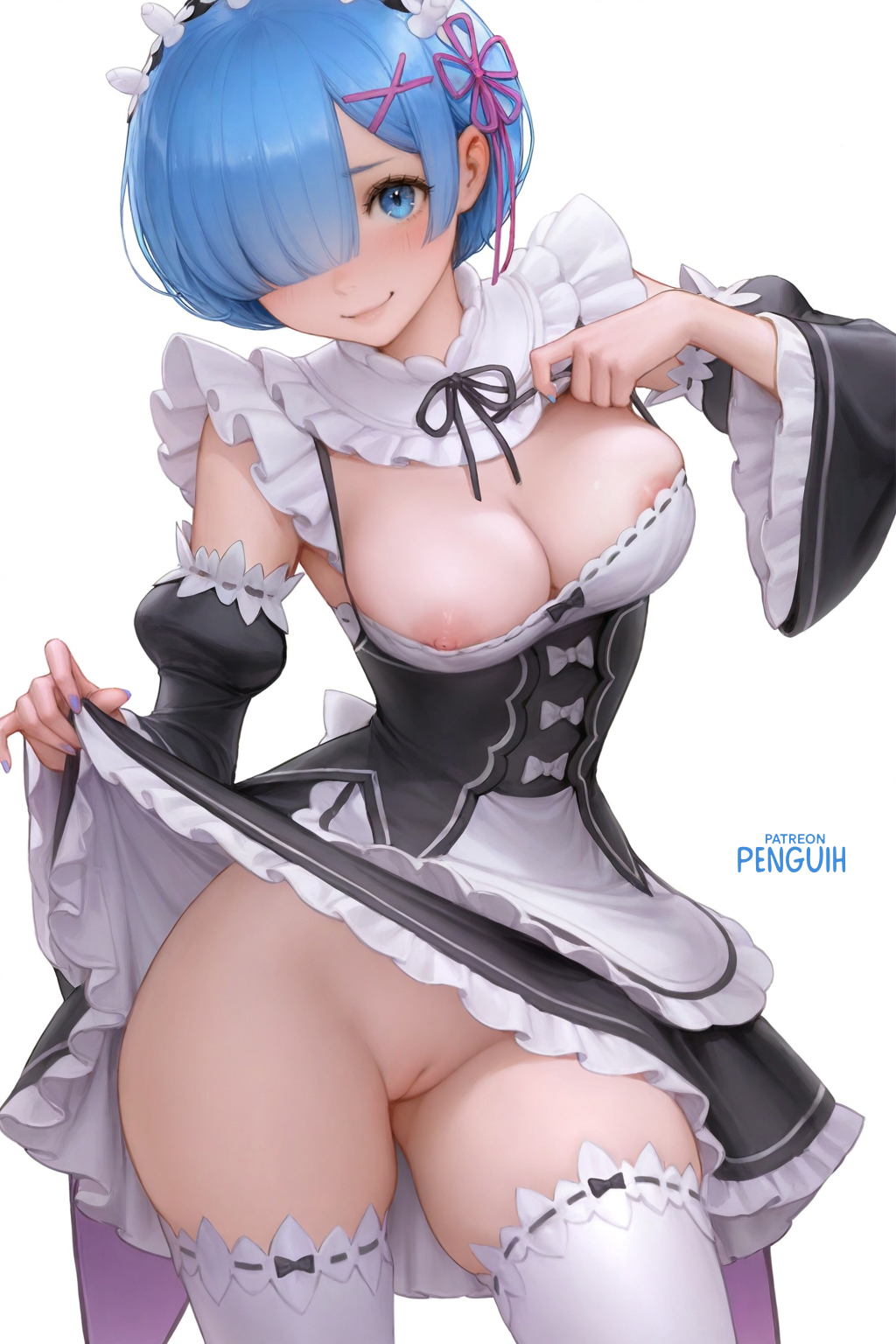 1girls, ai generated, black dress, blue eyes, blue hair, blush, breasts, detached collar, detached sleeves, dress, female, hair ornament, hair over one eye, highres, innie pussy, large breasts, lifting own clothes, long sleeves, looking at viewer, maid, maid headdress, nipple slip, nipples, penguih, presenting pussy, pussy, re:zero kara hajimeru isekai seikatsu, rem (re:zero), ribbon, roswaal mansion maid uniform, shaved pussy, short hair, skirt lift, solo, solo female, thighhighs, white thighhighs, x hair ornament