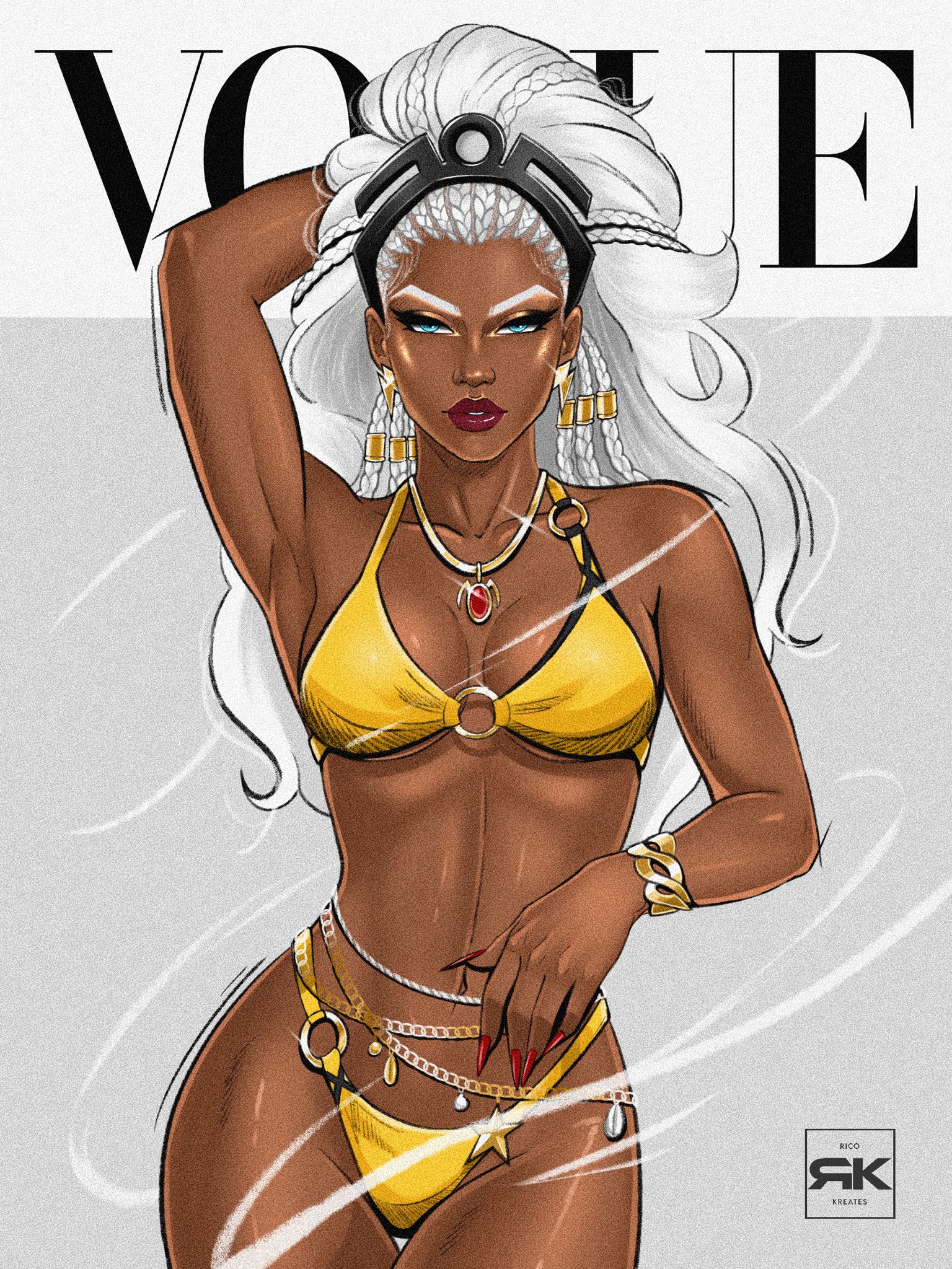 1girls, 2d, armpits, bikini, breasts, breasts out, dark skin, dark-skinned female, female, female only, long hair, marvel, marvel rivals, official alternate costume, rkreates, solo, storm (marvel rivals), storm (sacred skies), storm (x-men), swimsuit, white eyes, white hair, yellow bikini, yellow swimsuit