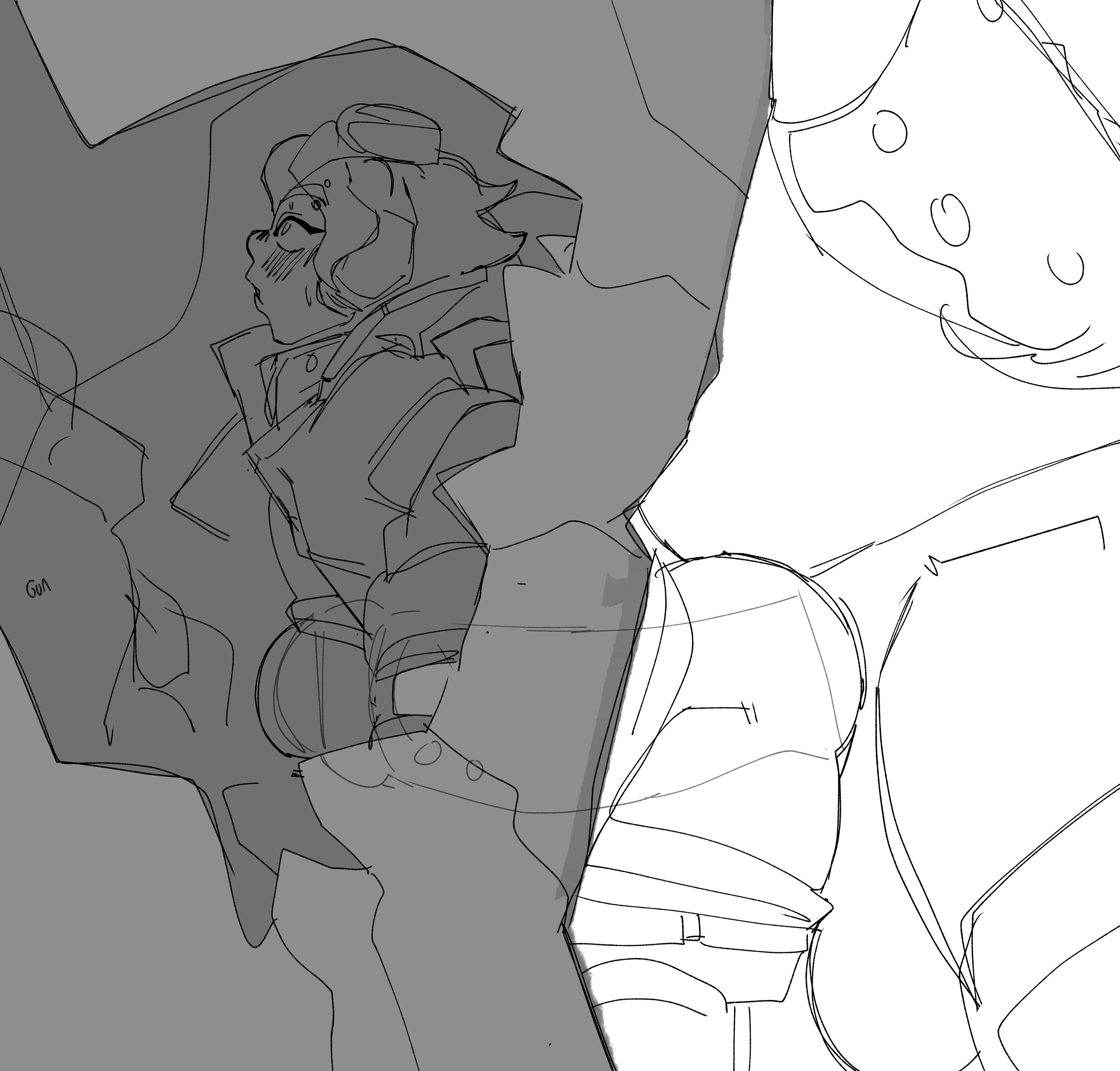 ambiguous penetration, black and white, clothed sex, fat male, impossible fit, larger male, line art, mako rutledge, male, male/nonbinary, nonbinary, overwatch, overwatch 2, pants down, raburesu , roadhog, size difference, sloan cameron, stomach bulge, stuck, stuck in wall, venture