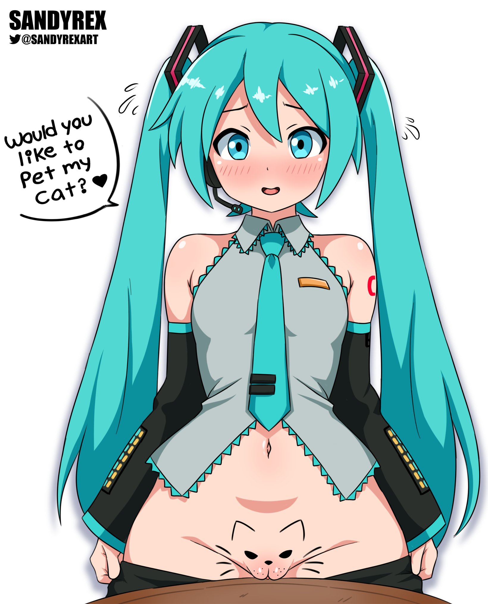 2d, 2d artwork, arm warmers, armwear, belly button, blush, blushing, clothed, clothed female, clothing, do you want to pet my cat (meme), female, female focus, female only, flash, flashing, flashing pussy, hatsune miku, looking at viewer, meme, mouth open, open mouth, partially clothed, partially clothed female, petite, petite body, petite female, presenting hindquarters, pulling skirt, pussy out, sandyrex, skirt down, solo, solo female, solo focus, sweat, sweatdrop, sweating, sweaty, talking to viewer, tattoo, tattooed arm, text, text bubble, vocaloid, watermark