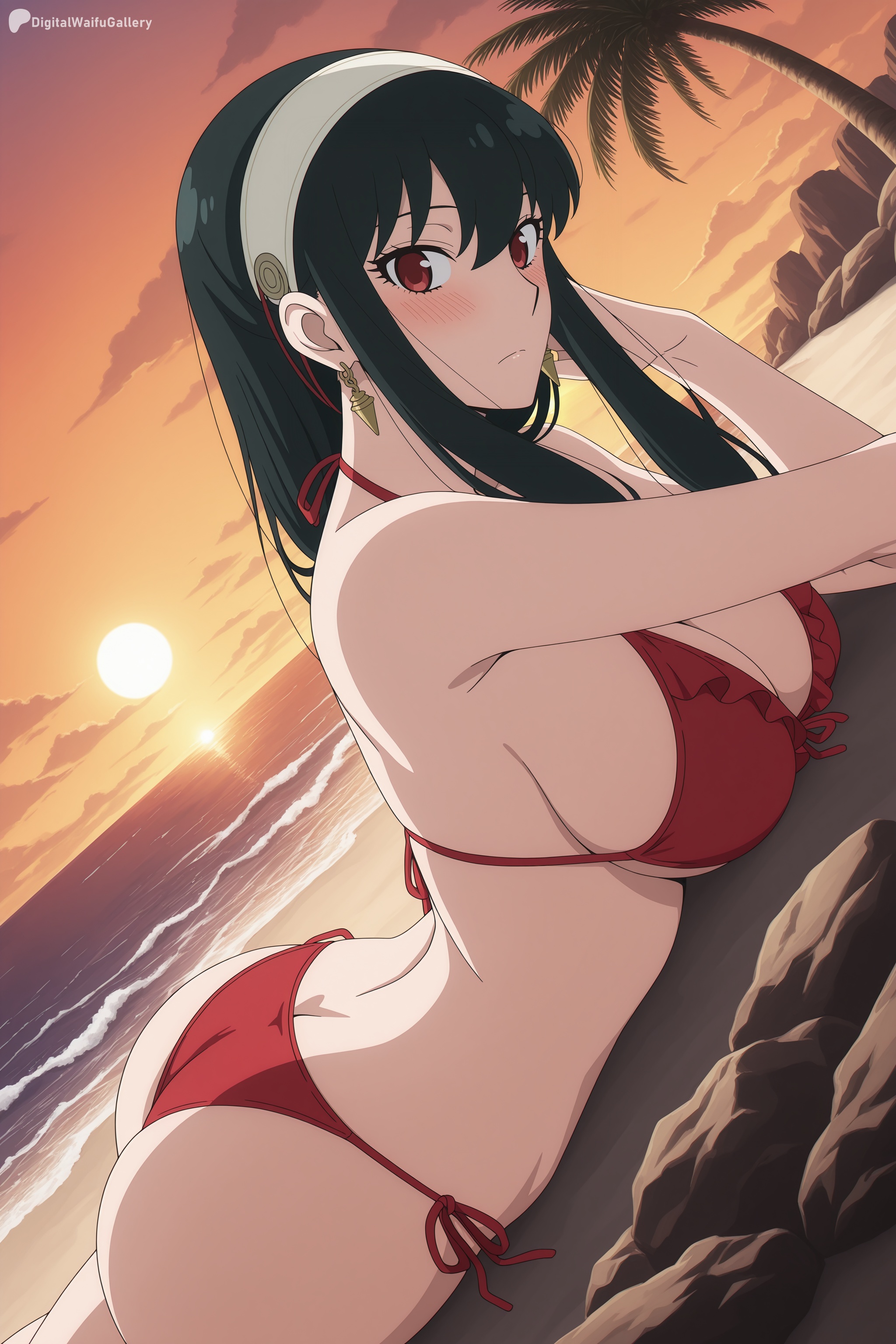 1girl, ai generated, ass, bare shoulders, beach, bikini, black hair, blush, breasts, cleavage, closed mouth, cloud, digitalwaifugallery, dutch angle, earrings, hairband, halterneck, hi res, high quality, high resolution, jewelry, large breasts, long hair, looking at viewer, lying, ocean, on stomach, outdoors, palm tree, patreon, red bikini, red eyes, seductive, sexy, side-tie bikini bottom, sidelocks, sky, solo, spy x family, string bikini, sunset, swimsuit, tree, uncensored, watermark, white hairband, yor briar
