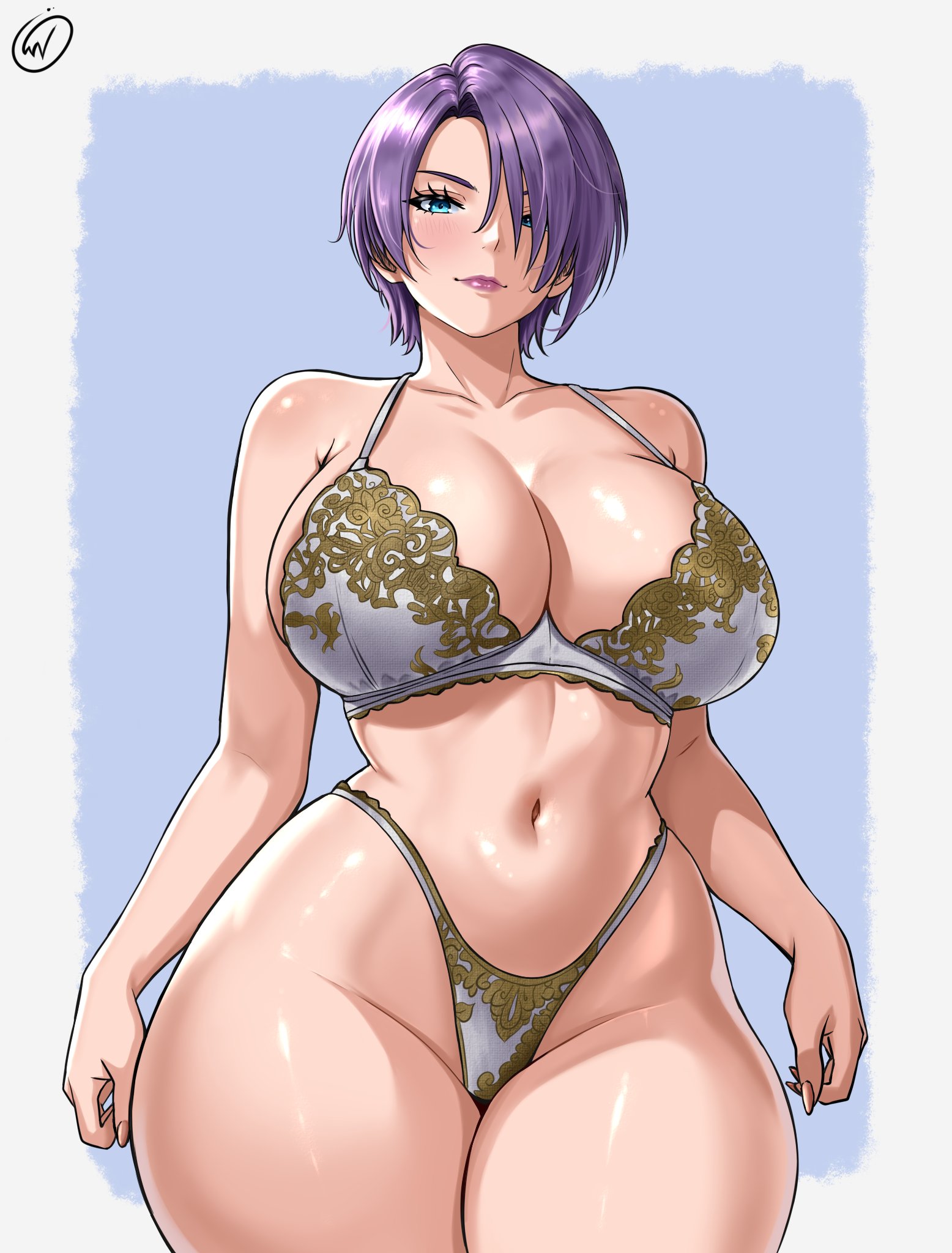 1girl, bare shoulders, big breasts, blue eyes, bra, breasts, cleavage, collarbone, embroidered bra, hair over one eye, highres, huge breasts, isabella valentine, looking at viewer, multicolored bra, multicolored panties, navel, panties, short hair, smile, solo, soul calibur, soulcalibur, thick thighs, thighs, underwear, waifuviolenta