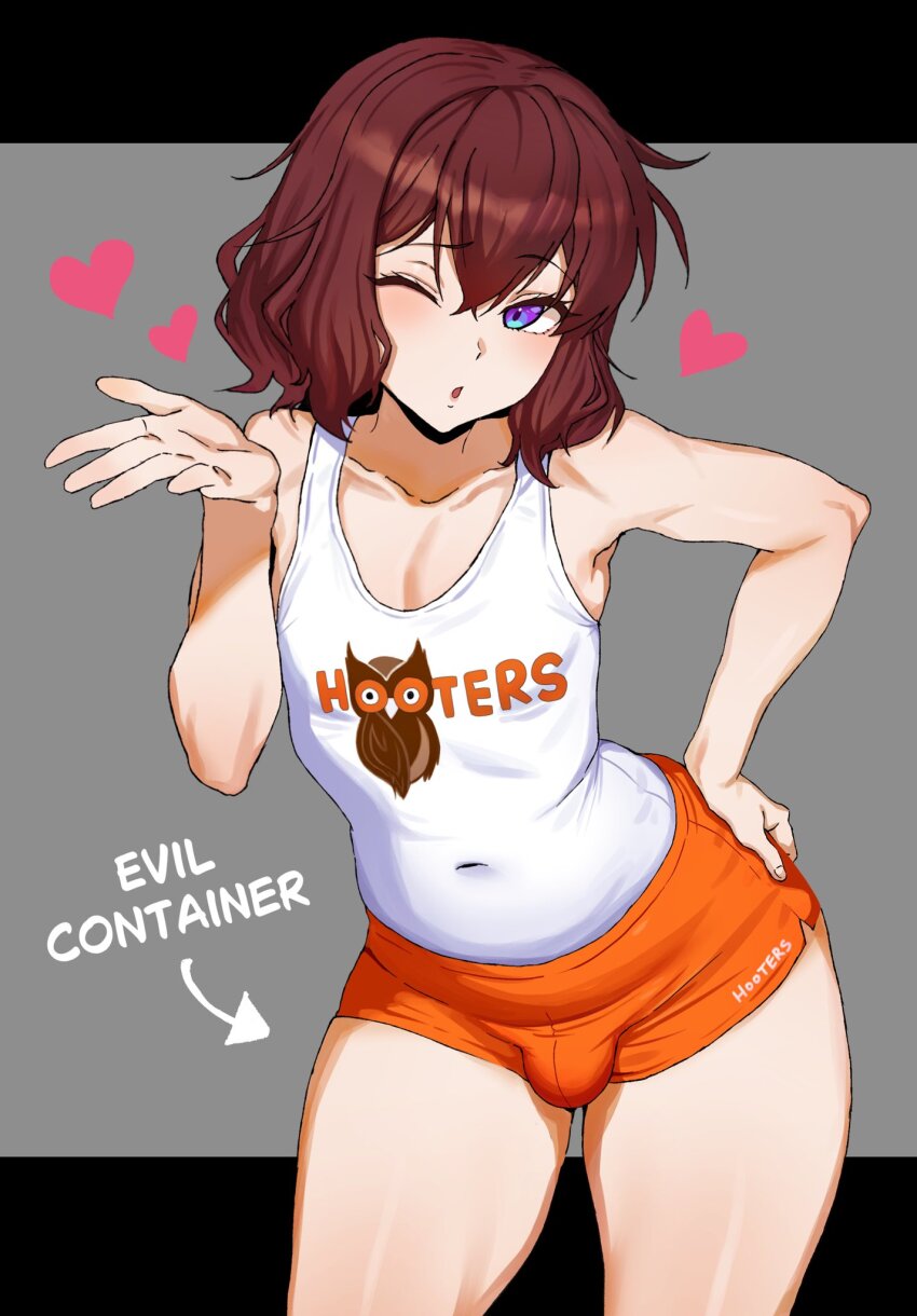 1boy, 1femboy, bare shoulders, blowing kiss, bulge, clothing, commentary, covered navel, femboy, grey background, hair between eyes, hand on own hip, heart, highres, hooters, human, letterboxed, looking at viewer, male, male focus, medium hair, meme, nonsexual, one eye closed, open mouth, orange shorts, original, outside border, pale skin, purple eyes, shirt tucked in, short shorts, shorts, simple background, solo, tank top, thick thighs, thighs, trap, white tank top, zanegoodell