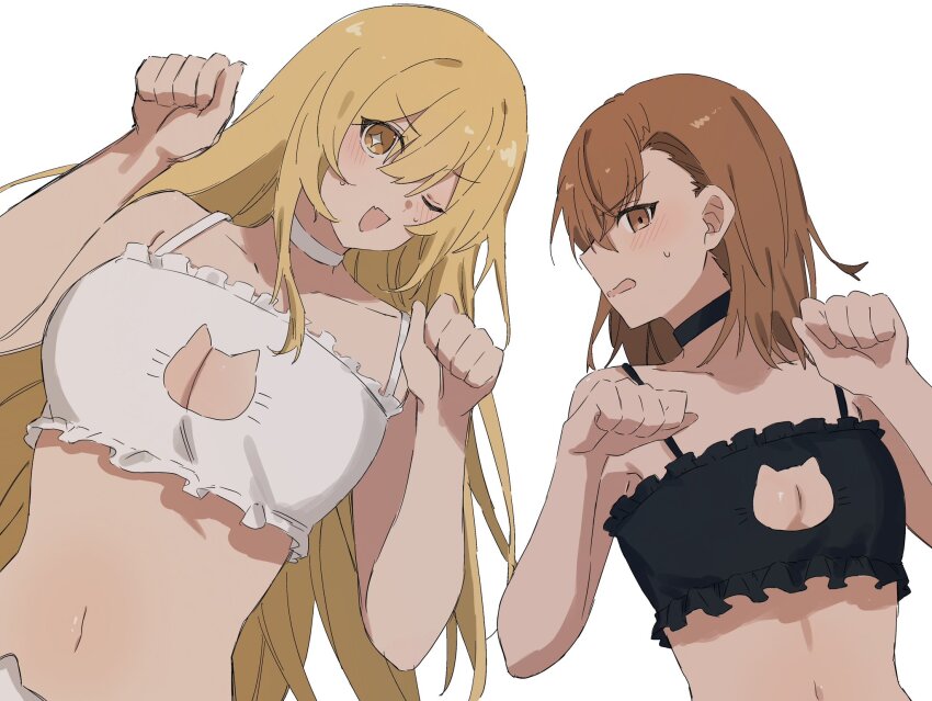 2girls, asymmetrical bangs, black choker, blonde hair, bra, breasts, brown eyes, brown hair, cat cutout, choker, cleavage, cleavage cutout, clothing cutout, commentary, frilled bra, frills, hair between eyes, highres, large breasts, long hair, looking at viewer, medium hair, misaka mikoto, multiple girls, one eye closed, open mouth, paw pose, shokuhou misaki, small breasts, smile, star (symbol), star-shaped pupils, symbol-shaped pupils, ten 8810, toaru kagaku no railgun, toaru majutsu no index, underwear, white background, white choker