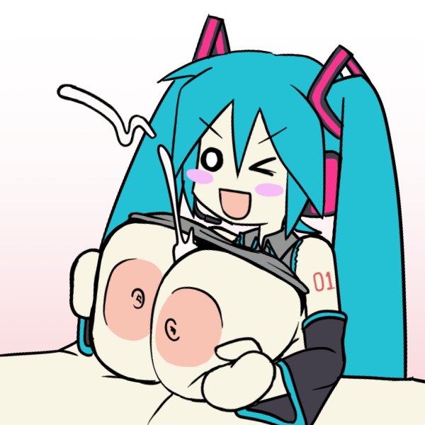 1boy 1girls aqua_hair big_breasts blush blush_stickers breasts chibi chibi_style cum hakayu hatsune_miku huge_breasts large_breasts mob_face nipples non-web_source o_< paizuri straight triple_baka_(vocaloid) twintails vocaloid