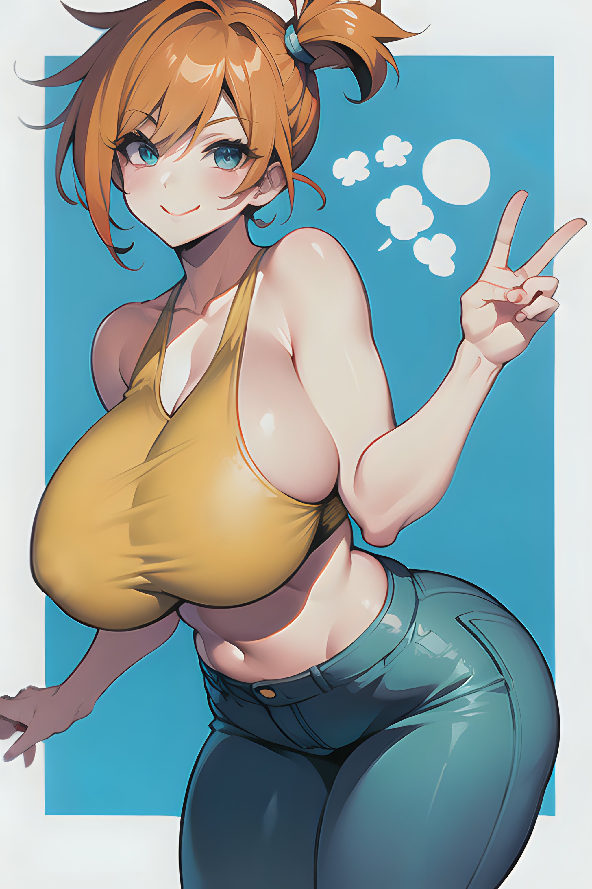 abs, ai generated, asymmetrical hair, blush, breasts, clothing, cowboy shot, crop top, denim, denim shorts, female, female only, game freak, gen 1 pokemon, green eyes, high resolution, hips, huge breasts, jeans, kasumi (pokemon), large breasts, legs, midriff, muscles, navel, nintendo, nipples, orange hair, pokemon, pokemon (anime), pokemon (classic anime), pokemon rgby, ponytail, shirt, short hair, shorts, side ponytail, sleeveless, sleeveless shirt, solo, spiky hair, tank top, thighs, tied hair, v, very high resolution, wide hips, yellow shirt