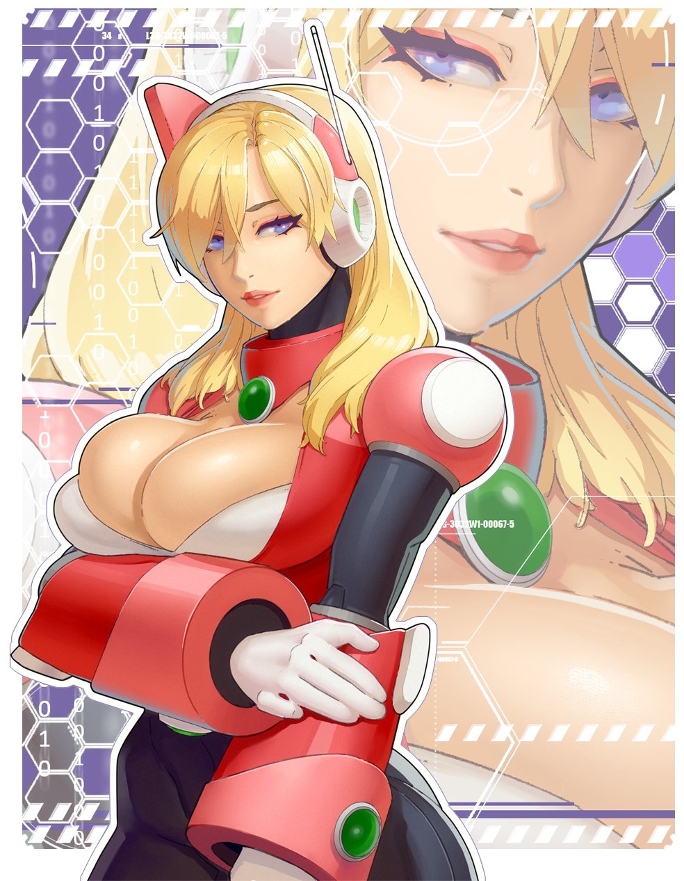 1girls, alia, android, armor, big breasts, blonde hair, blue eyes, bodysuit, breasts, cleavage, female, gem, headgear, lipstick, materclaws, mega man, mega man x, mega man x dive, robot, robot girl, solo