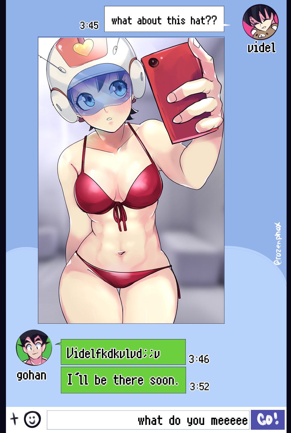 1boy 1girls bikini black_hair blue-tinted_eyewear breasts chat chat_box dragon_ball dragon_ball_z english_text great_saiyaman_2 great_saiyawoman helmet phone phone_screen picture puffphox rozenphox selfie son_gohan text_message tinted_eyewear videl visor