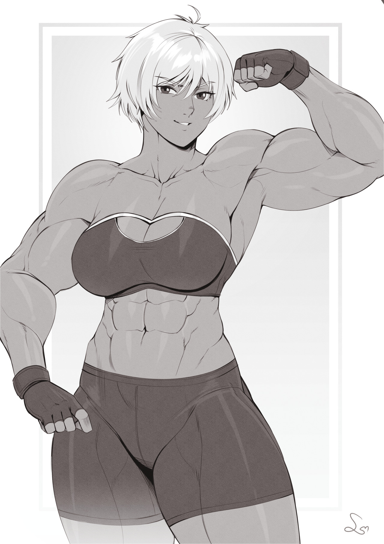 1girls, abs, armpits, biceps, breasts, cleavage, commission, female, fingerless gloves, flexing, greyscale, hair between eyes, hi res, looking at viewer, monochrome, muscular, muscular arms, muscular female, navel, obliques, original, parted lips, short hair, shorts, signature, smile, solo, speedl00ver, tomboy, white hair