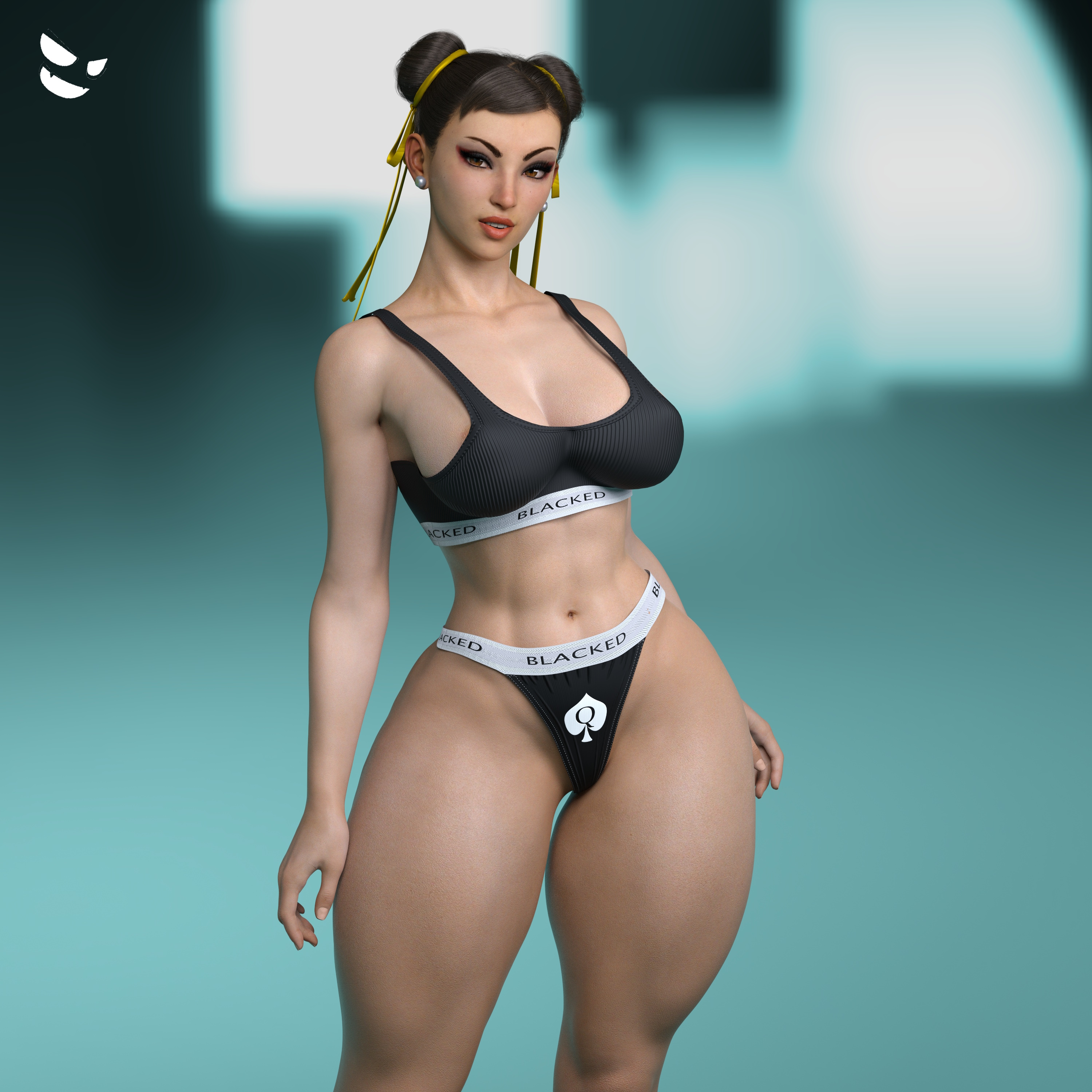1girls, 3d, 3d (artwork), abs, areola, areola slip, artist logo, ass, athletic, athletic female, big ass, big breasts, blacked, blacked clothing, breasts, brown eyes, brown hair, capcom, chun-li, double bun, earrings, eyeshadow, female, female only, fit, fit female, gm studios, hair bun, hair ribbon, jewelry, large breasts, light skin, light-skinned female, lipstick, looking at viewer, makeup, midriff, muscular, muscular female, muscular legs, pearl earrings, queen of spades, ribbon, simple background, solo, sports bikini, sports bra, sportswear, standing, street fighter, street fighter 6, thick thighs, thong, thunder thighs, tight pants, tights, twin buns, underwear, wide hips, yellow ribbon