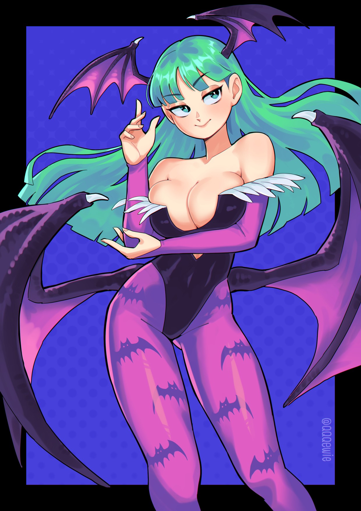 1girls, 333 (dqqqdle), arm under breasts, bat print, big breasts, breasts, capcom, cleavage, clothing, darkstalkers, demon, demon wings, female, female only, gauntlets, green eyes, green hair, head wings, large breasts, leotard, long hair, morrigan aensland, pantyhose, purple pantyhose, smile, solo, succubus, wings
